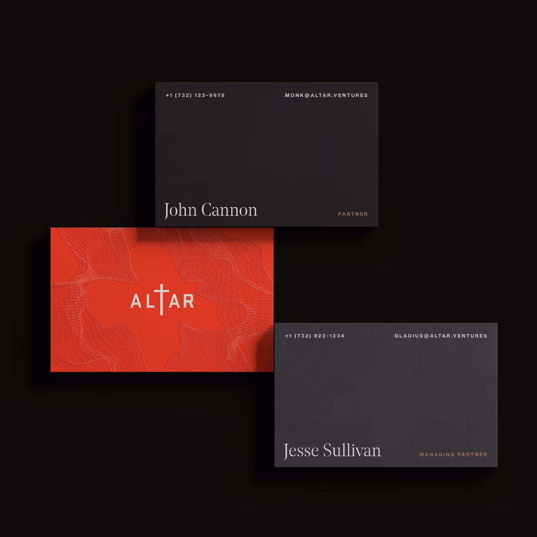 Three business cards with Altar Ventures branding