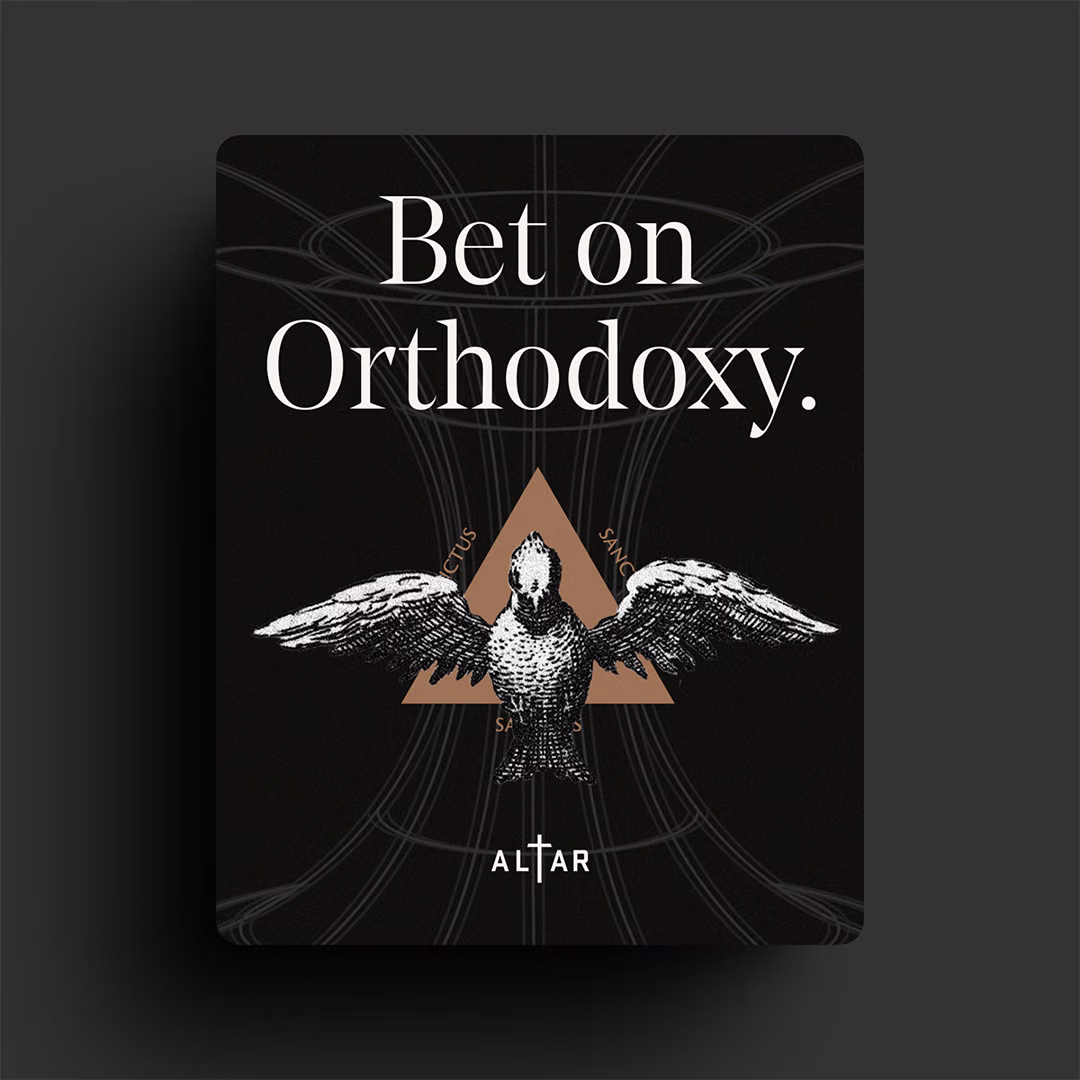 An Altar Ventures-branded social media post that says "Bet on Orthodoxy" over a collage featuring the Holy Spirit as a dove