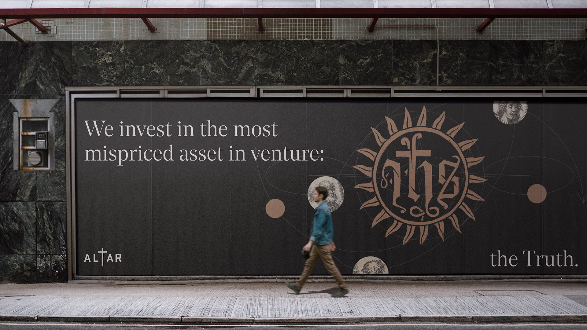 A man walks past a billboard with Altar Ventures branding that reads "We invest in the most underpriced asset in venture: the Truth."