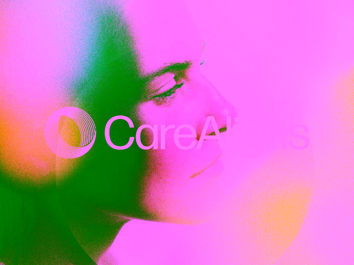 The CareAligns horizontal logo lockup in white over a gradient-treated image of a woman