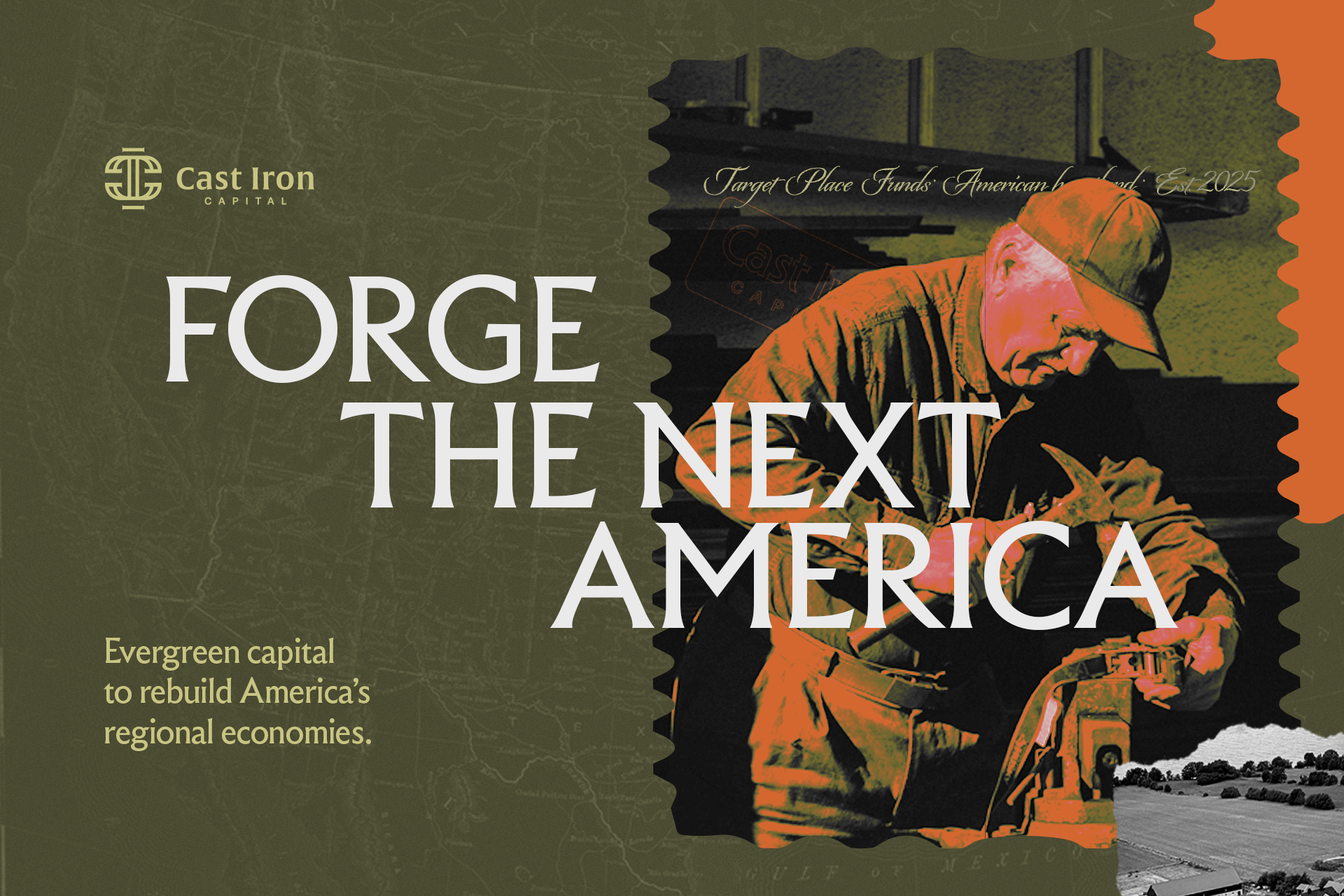 A pitch deck slide saying "Forge the Next America" over a collage