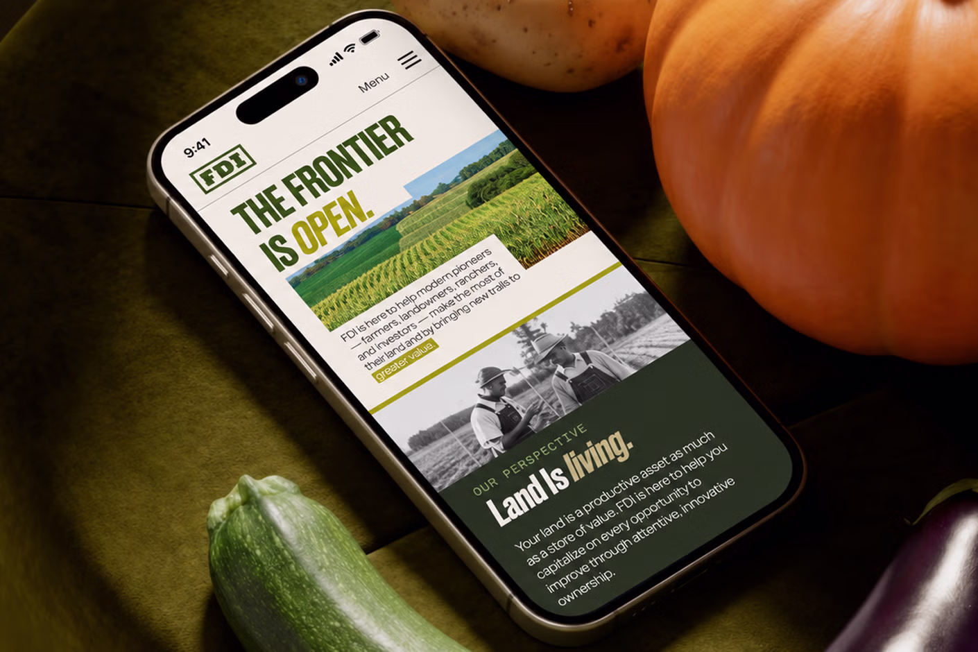 A smartphone displaying the FDI website among various gourds on a table