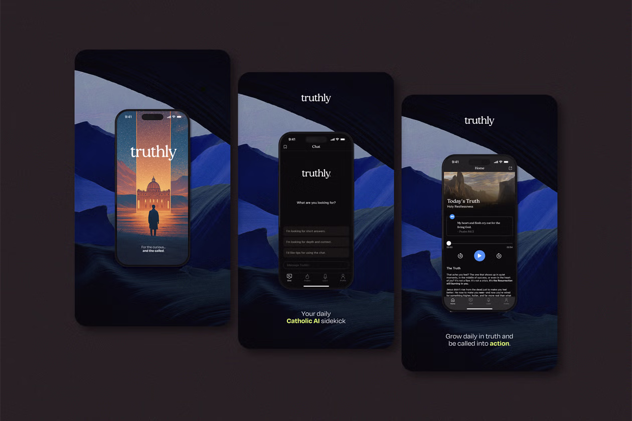 Three smartphones displaying screens from the Truthly app
