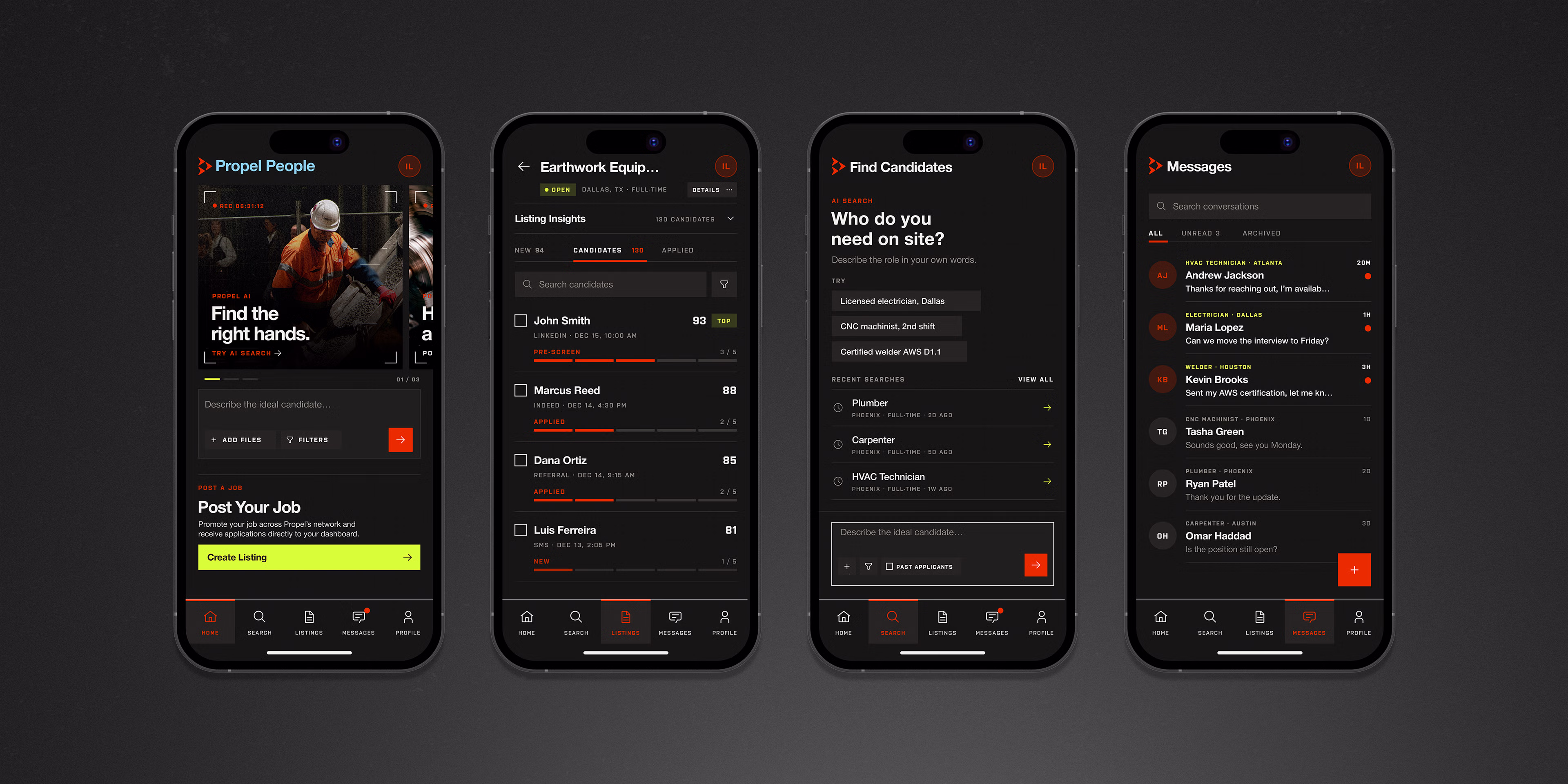 A row of smartphones displaying screens from the Propel app UI