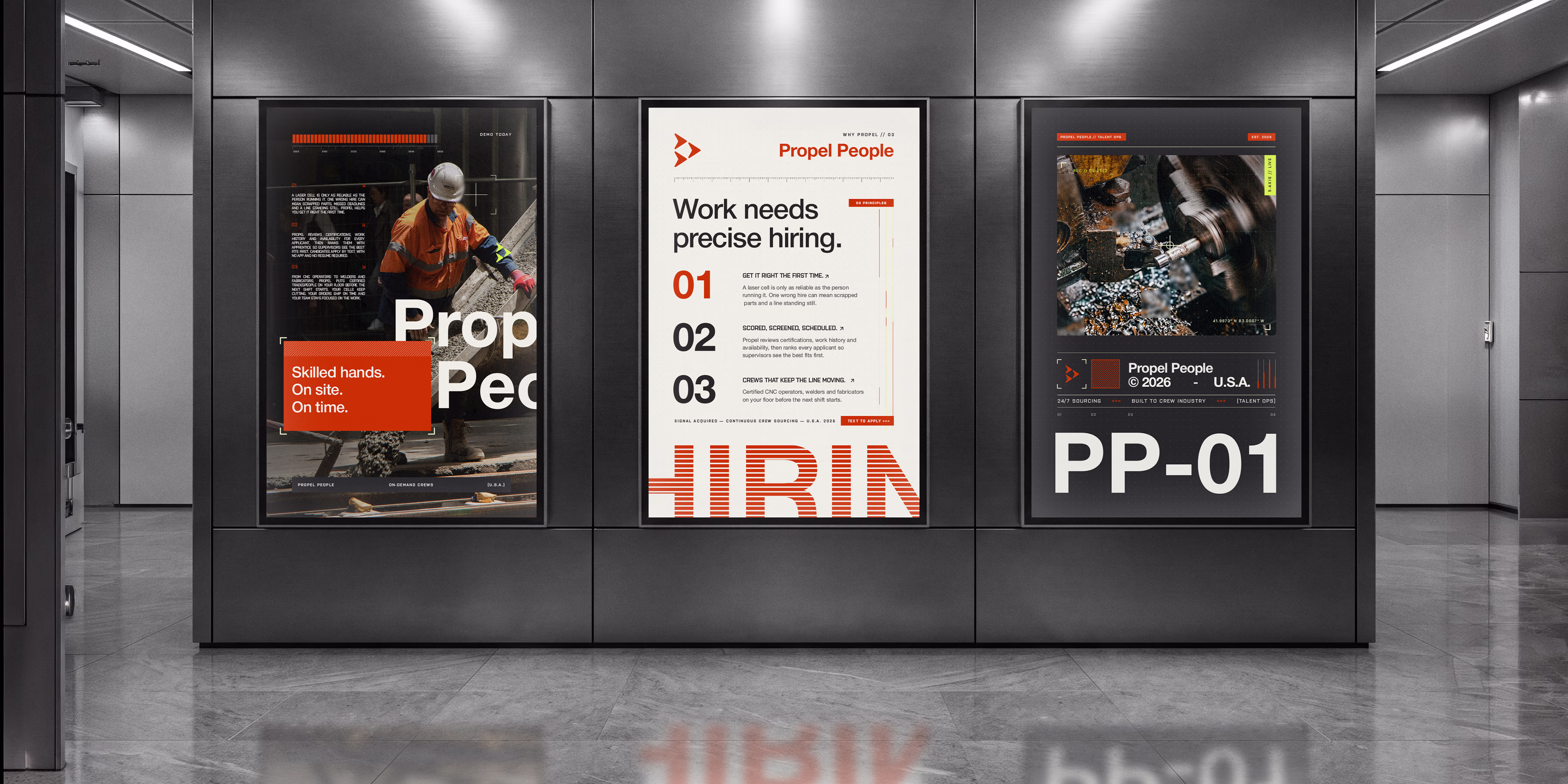 Three digital Propel advertisement posters in a shiny metallic space
