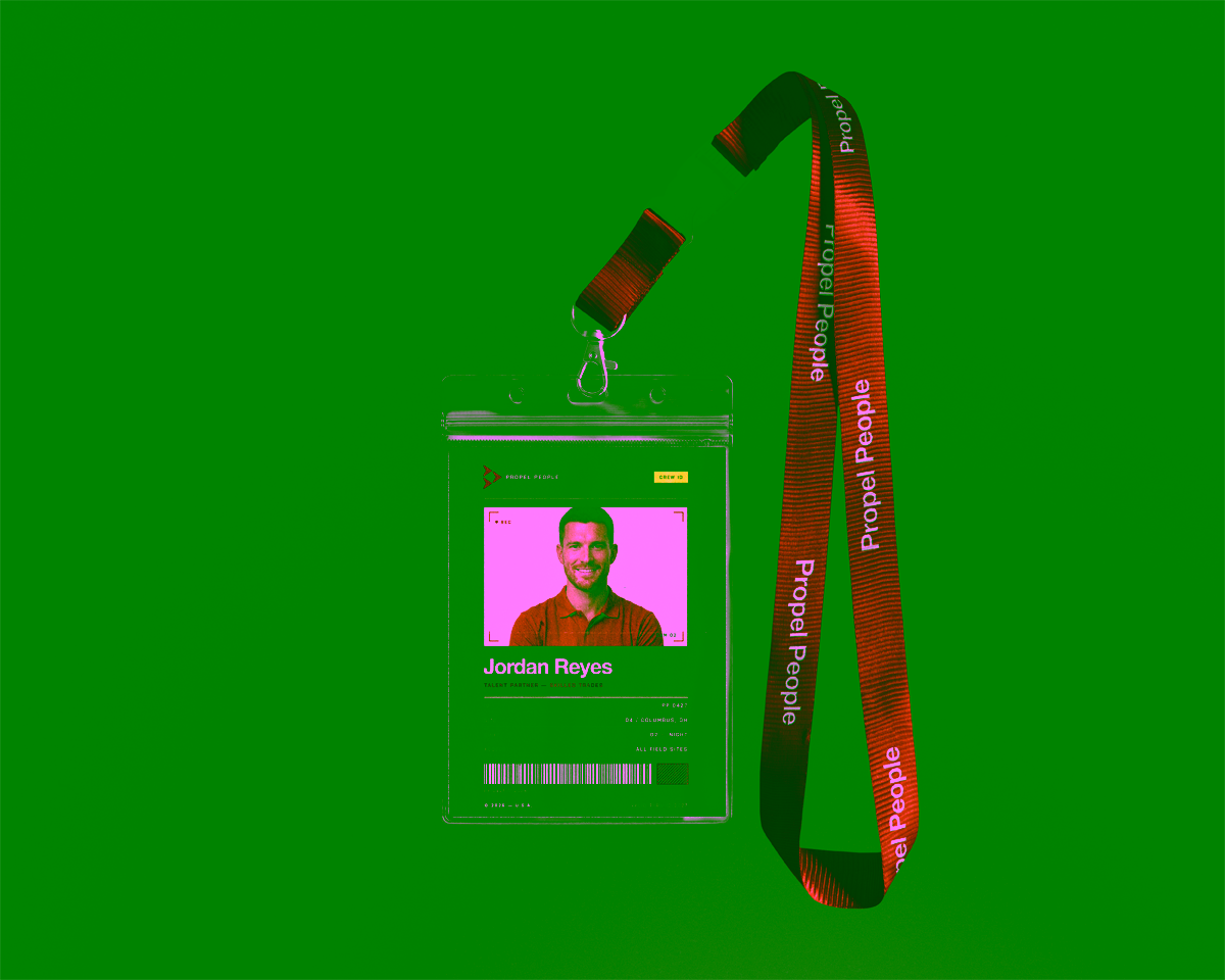 An ID badge with Propel branding