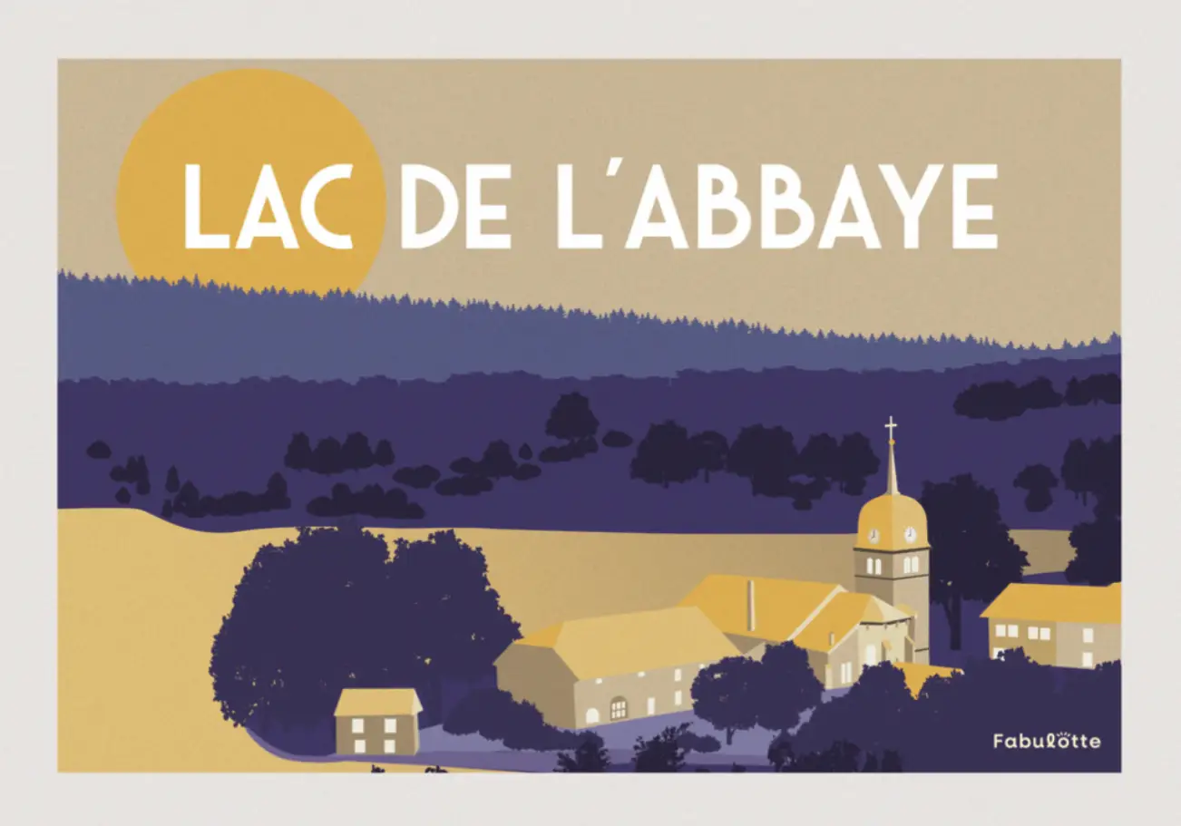 Affiche vectorielle moderne du Lac de L'abbaye - Monts Jura - jaune et violet en paysage - Édition limitée par Fabulotte.