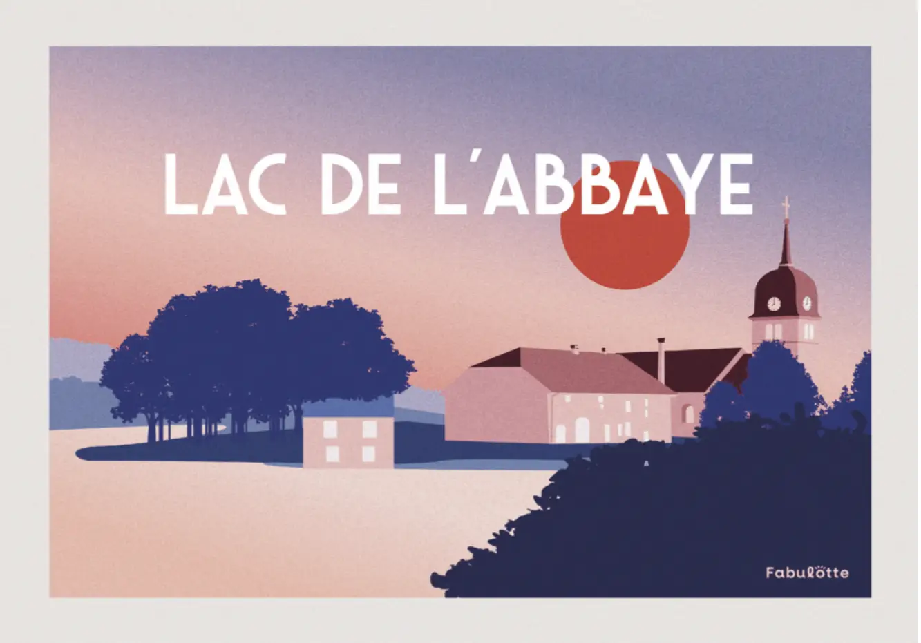 Affiche vectorielle moderne du Lac de L'abbaye - Monts Jura - violet et rose en paysage - Édition limitée par Fabulotte.