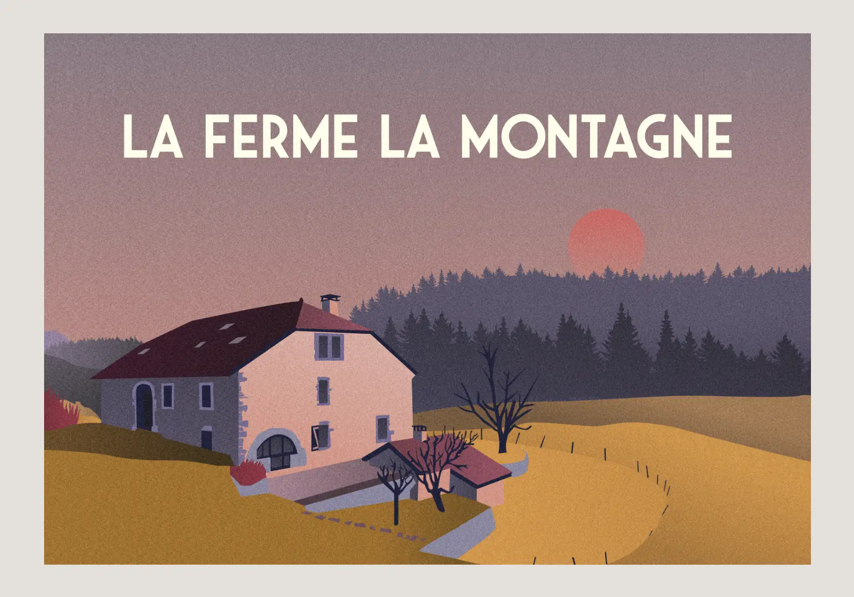 Affiche vectorielle moderne sur mesure d'une ferme de vacances - montagne du Jura - violine - Édition limitée par Fabulotte.