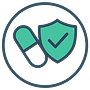 Icon of two pills and a shield with a check mark inside a circle representing medication protection or safety.
