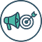 Icon of a megaphone next to a target with an arrow, symbolizing sales and marketing.