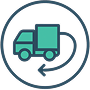 Icon of a delivery truck with an arrow looping around it inside a circle, representing exclusive distribution.
