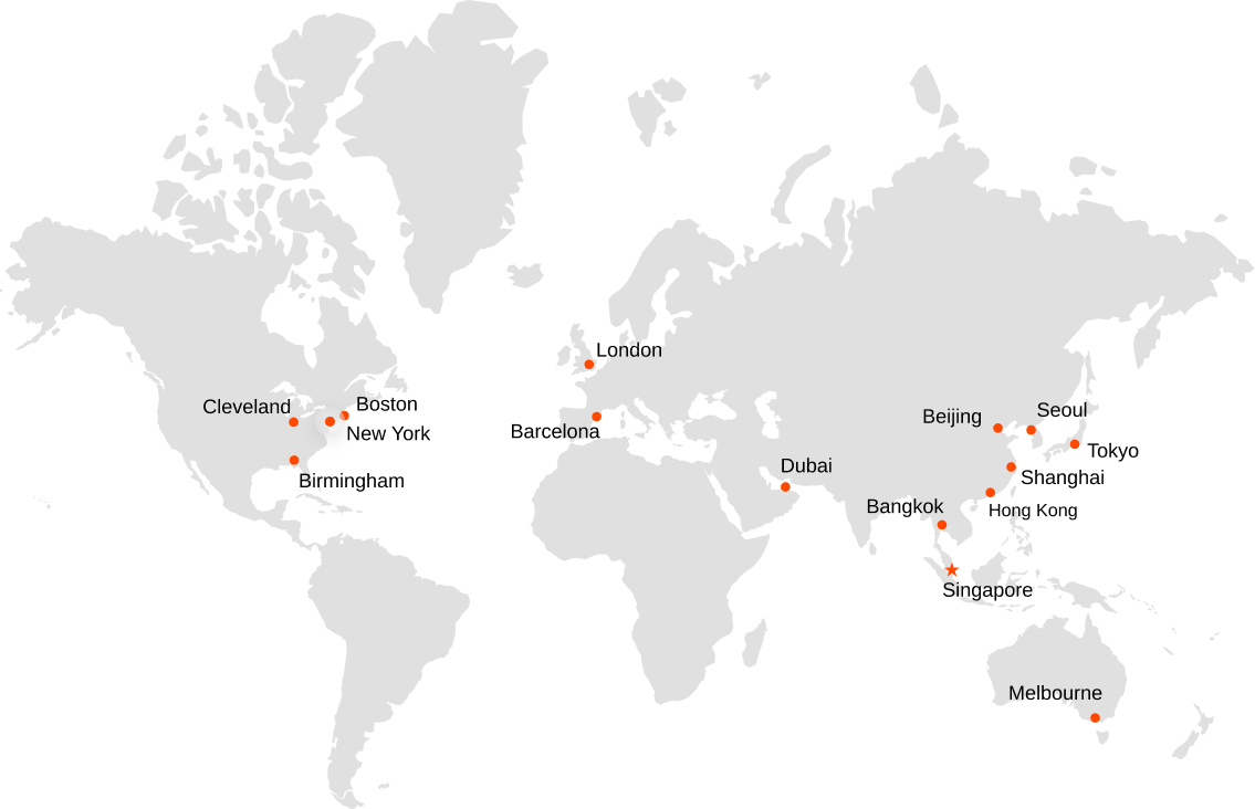 Map showing all company locations including Singapore (HQ), Tokyo, Seoul, Shanghai, Beijing, Hong Kong, Bangkok, Dubai, Turin, London, Barcelona, Boston, New York, Birmingham, and Cleveland.