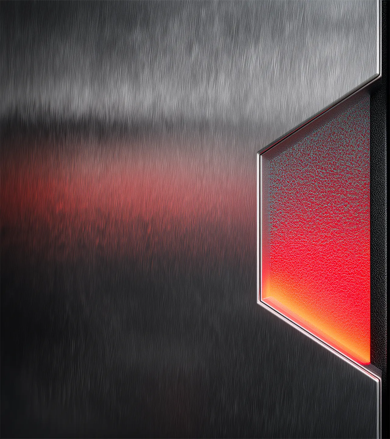 Close-up of a textured metal surface with a hexagonal cutout glowing red and orange from behind.