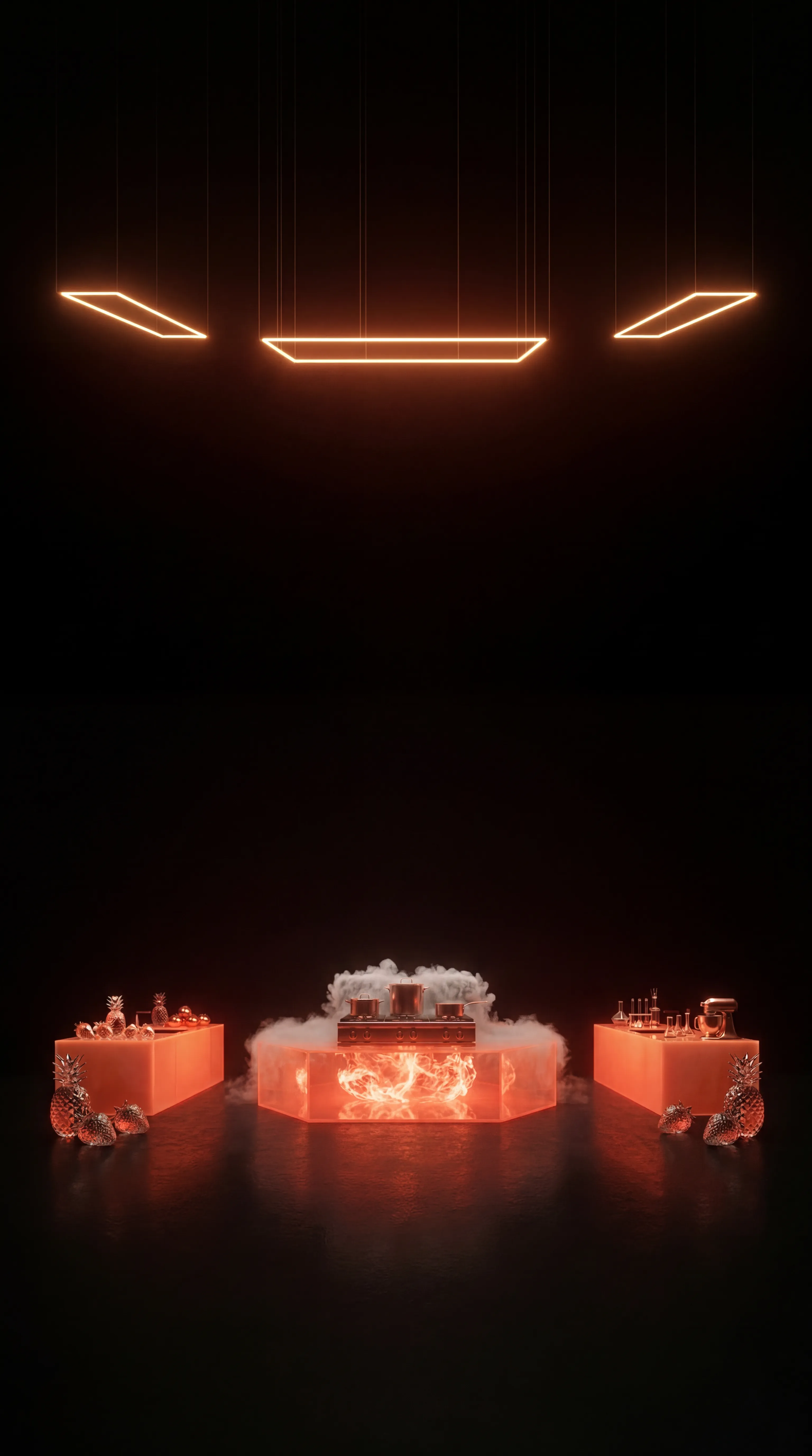 Modern kitchen setup with glowing orange counters, a stove emitting flames and smoke, surrounded by pineapples and kitchenware under geometric neon ceiling lights.