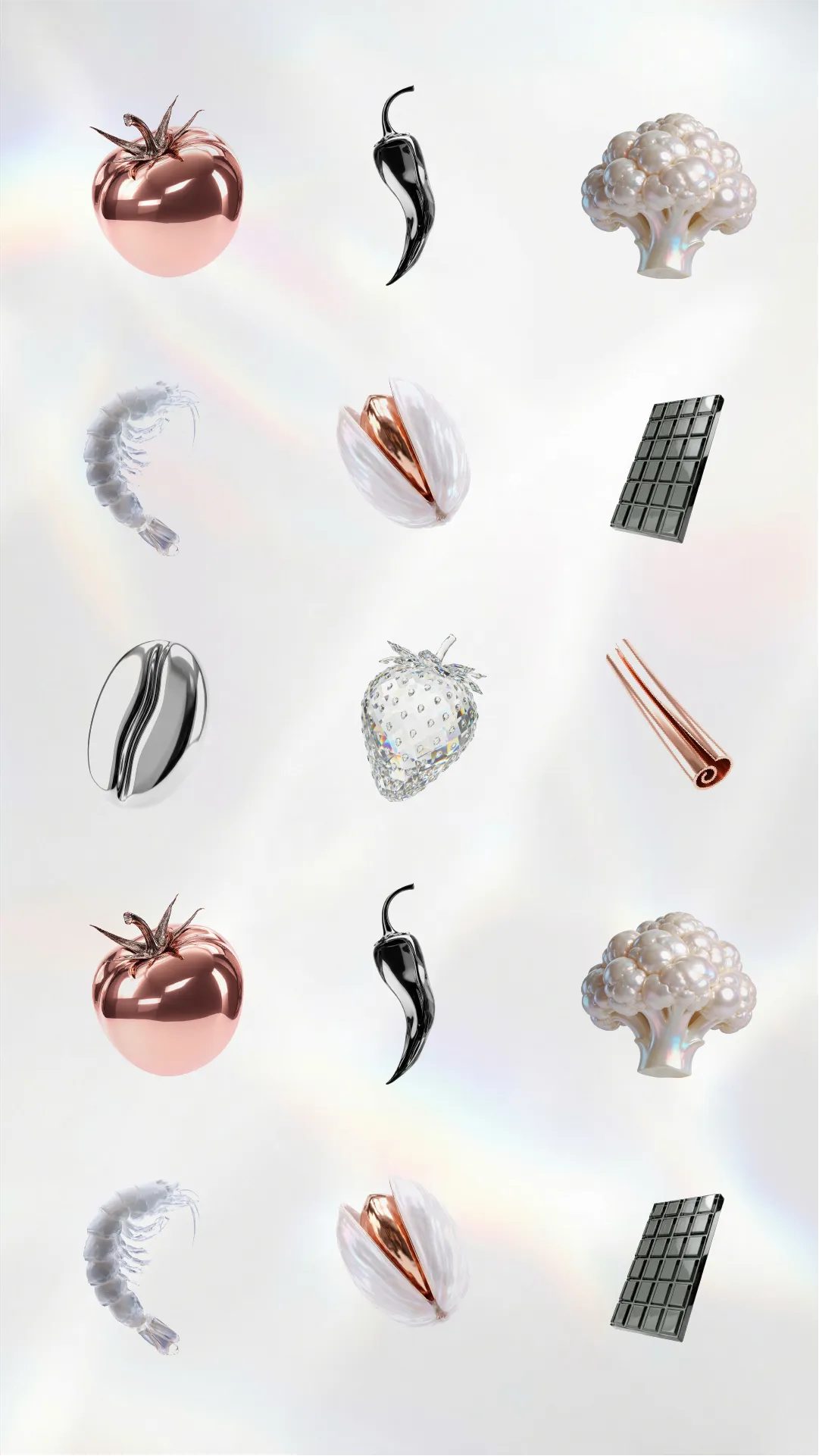 Pattern of various food items including metallic tomatoes, black chili peppers, pearl-like cauliflower, translucent shrimp, pistachios with metallic interiors, dark chocolate bars, silver coffee beans, crystal-like strawberries, and copper cinnamon sticks on a light background.