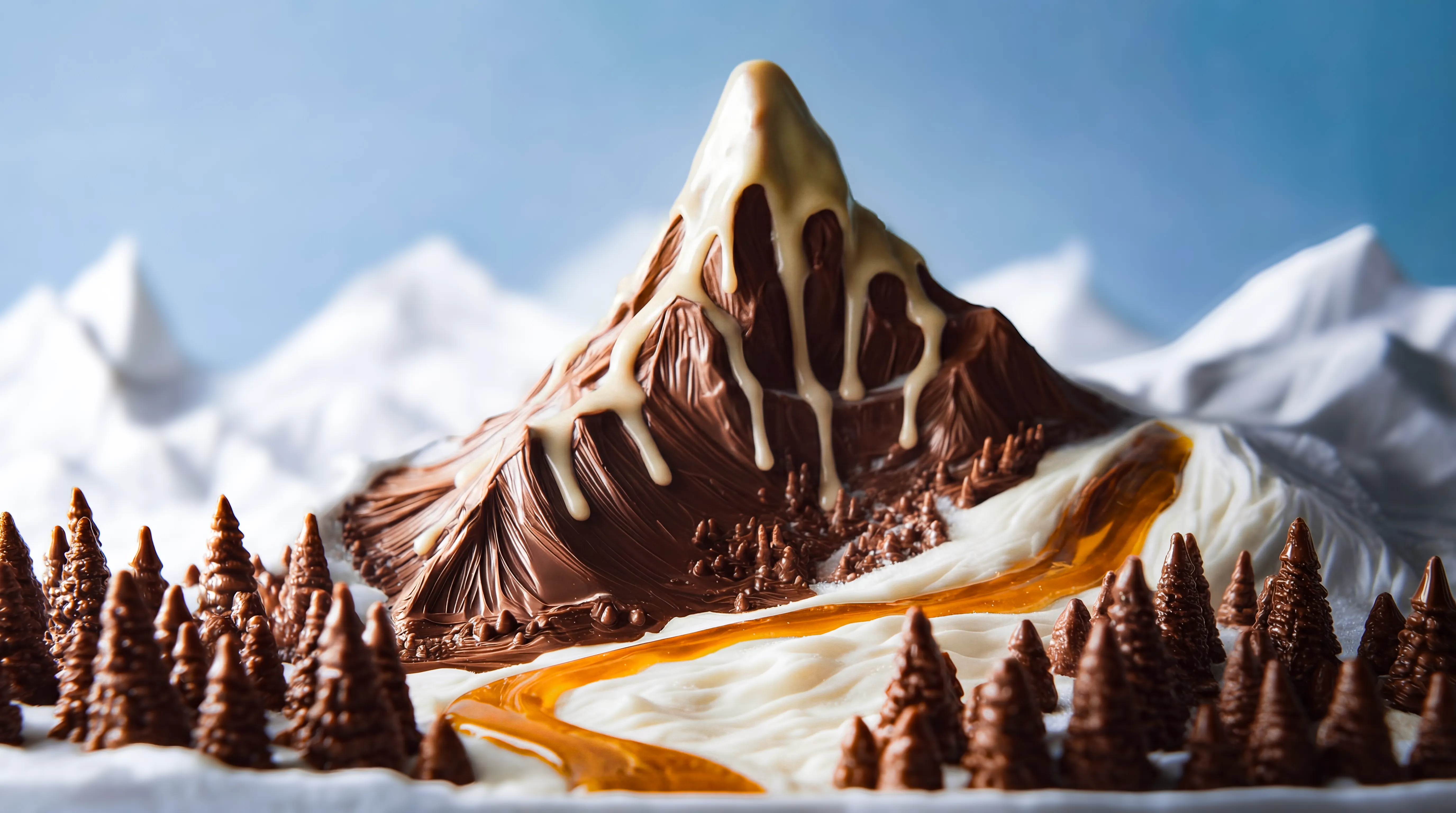 Chocolate mountain with white icing dripping from the peak, surrounded by chocolate pine trees and a flowing amber syrup river on a white surface.