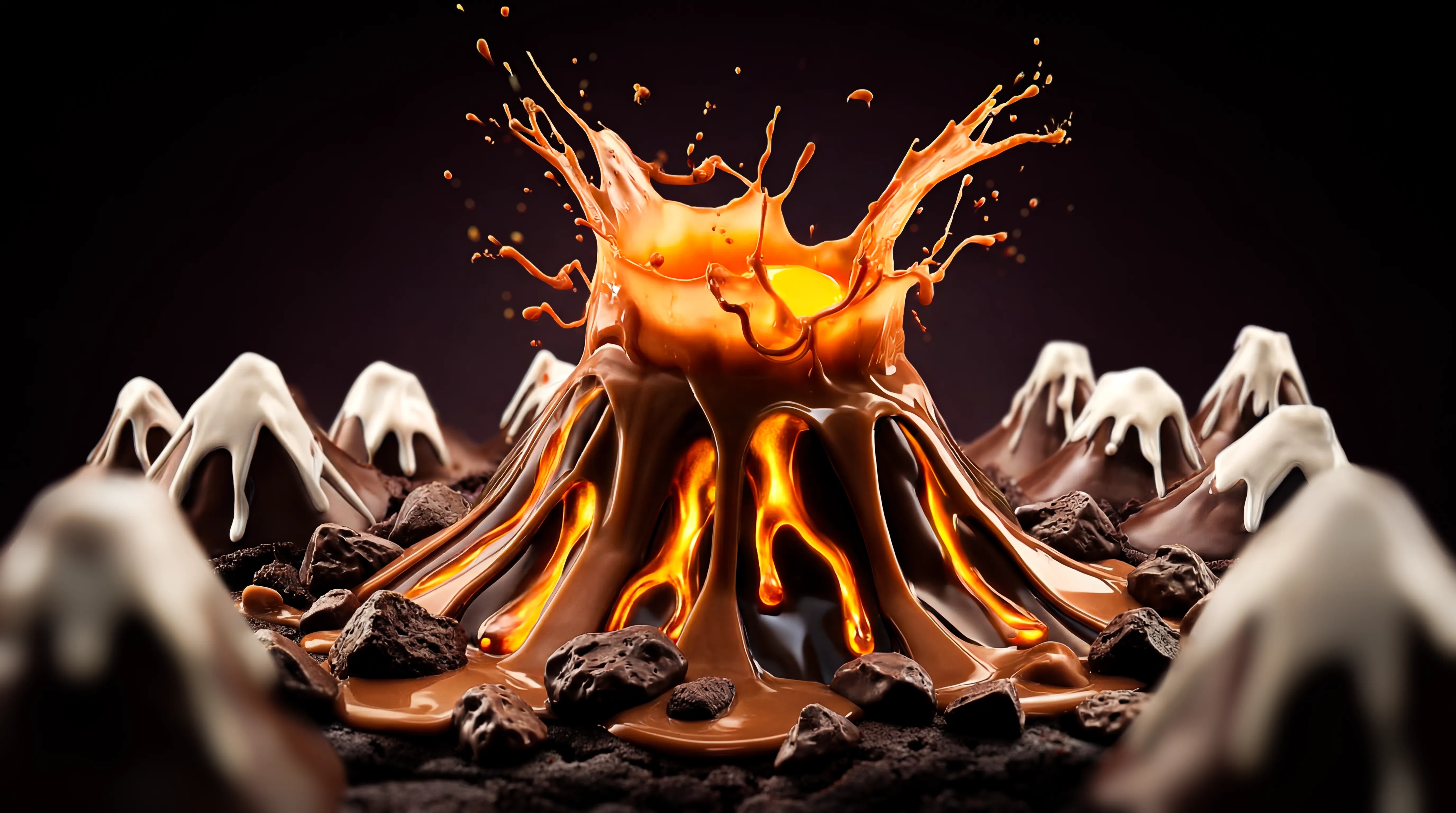 Chocolate volcano with molten caramel lava flowing and white chocolate-topped mountain-shaped chocolates surrounding it.