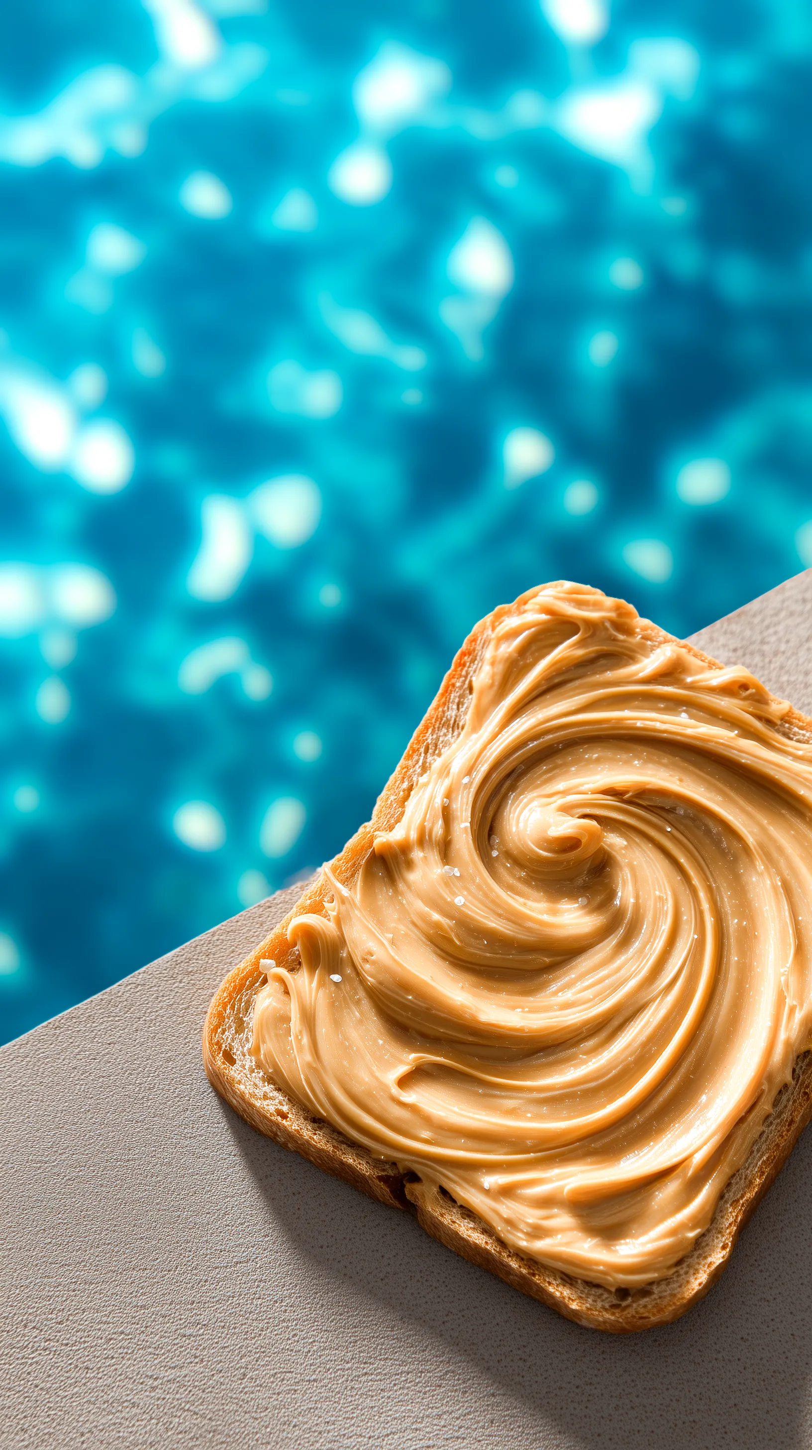 Slice of bread with smooth peanut butter spread in a swirl pattern, sprinkled with sea salt, on a textured surface beside a blue water background.