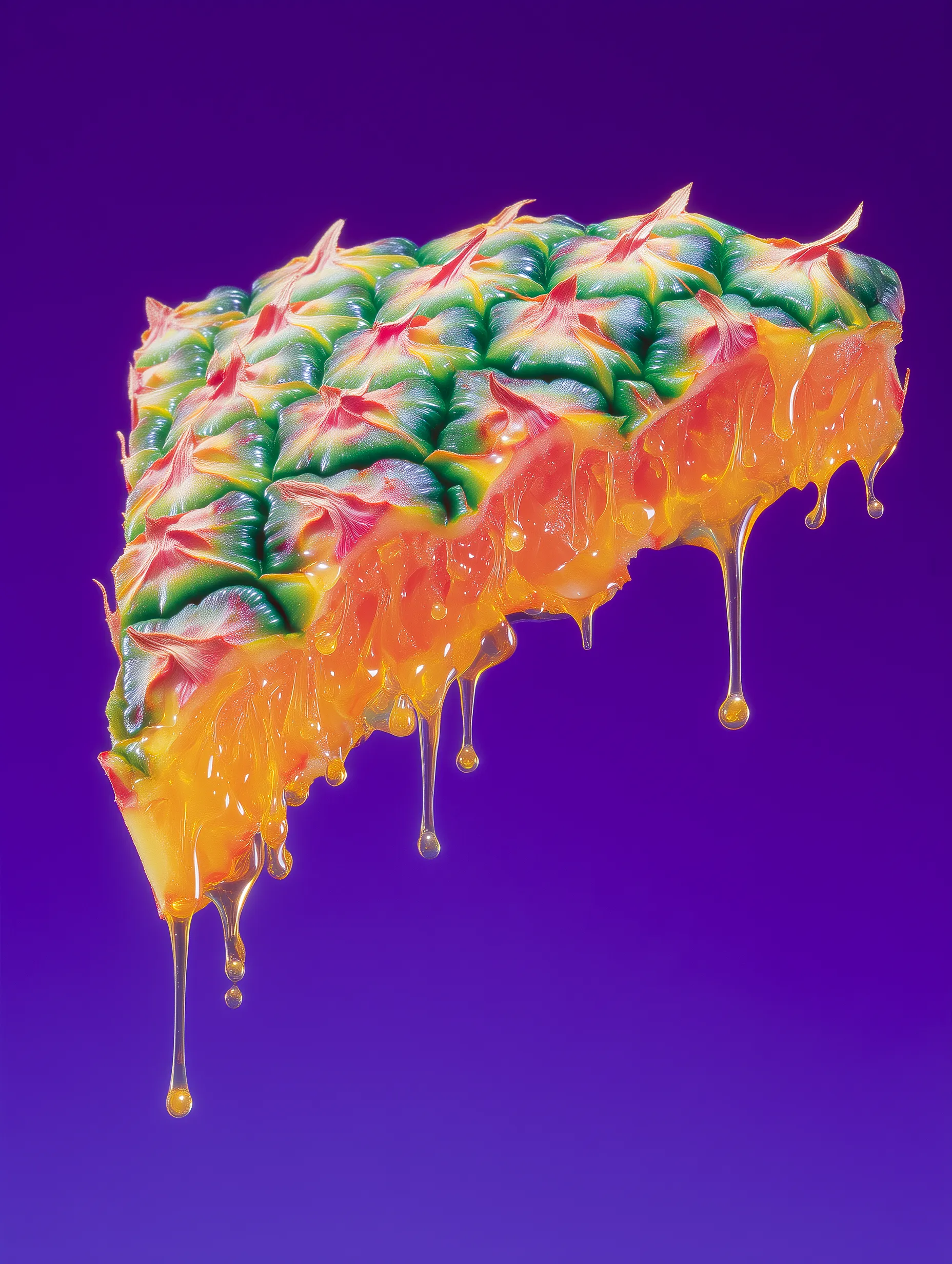 Close-up of a dripping, juicy slice of pineapple against a purple background.