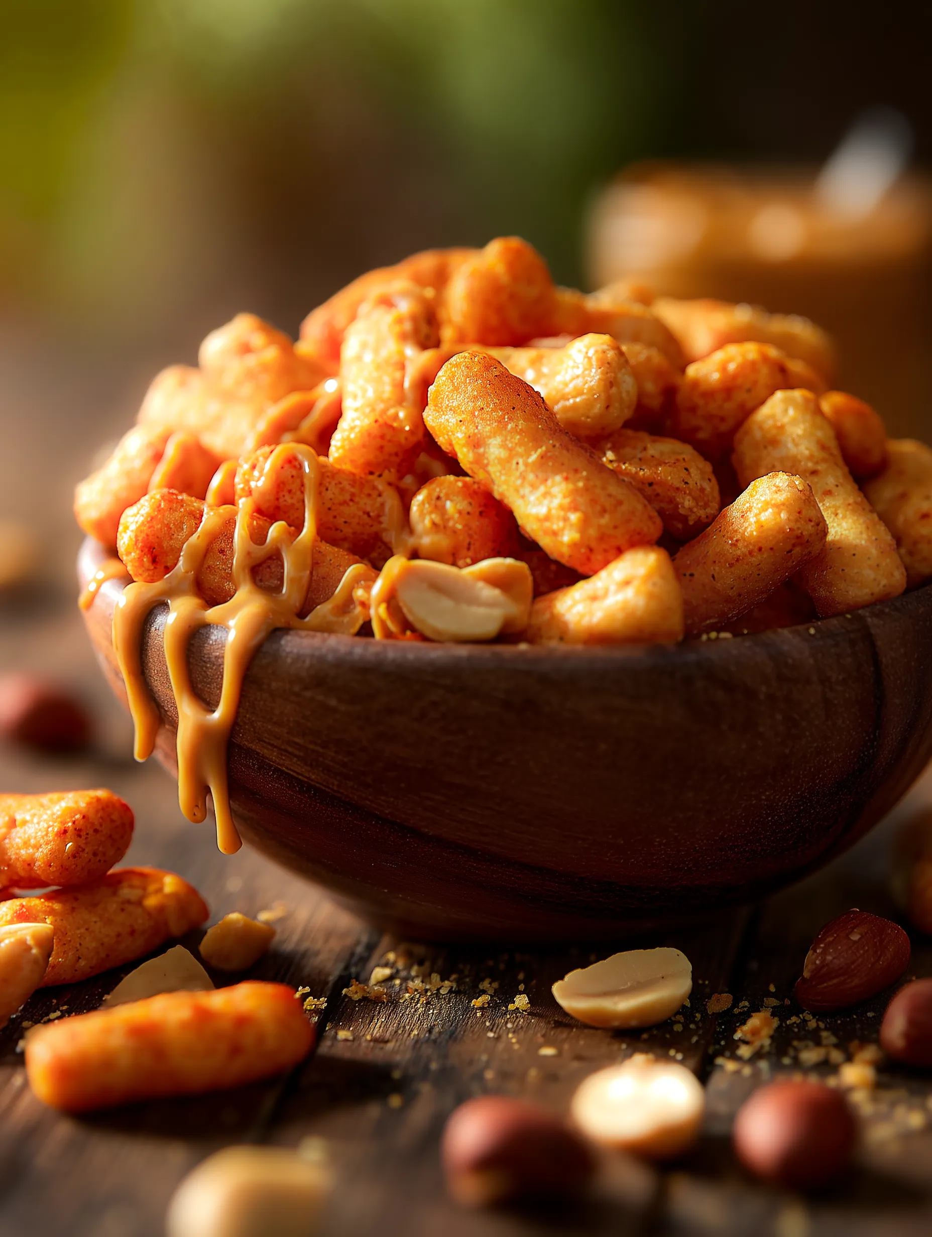 Wooden bowl filled with spicy puffed snacks drizzled with peanut butter and scattered peanuts on a wooden surface.