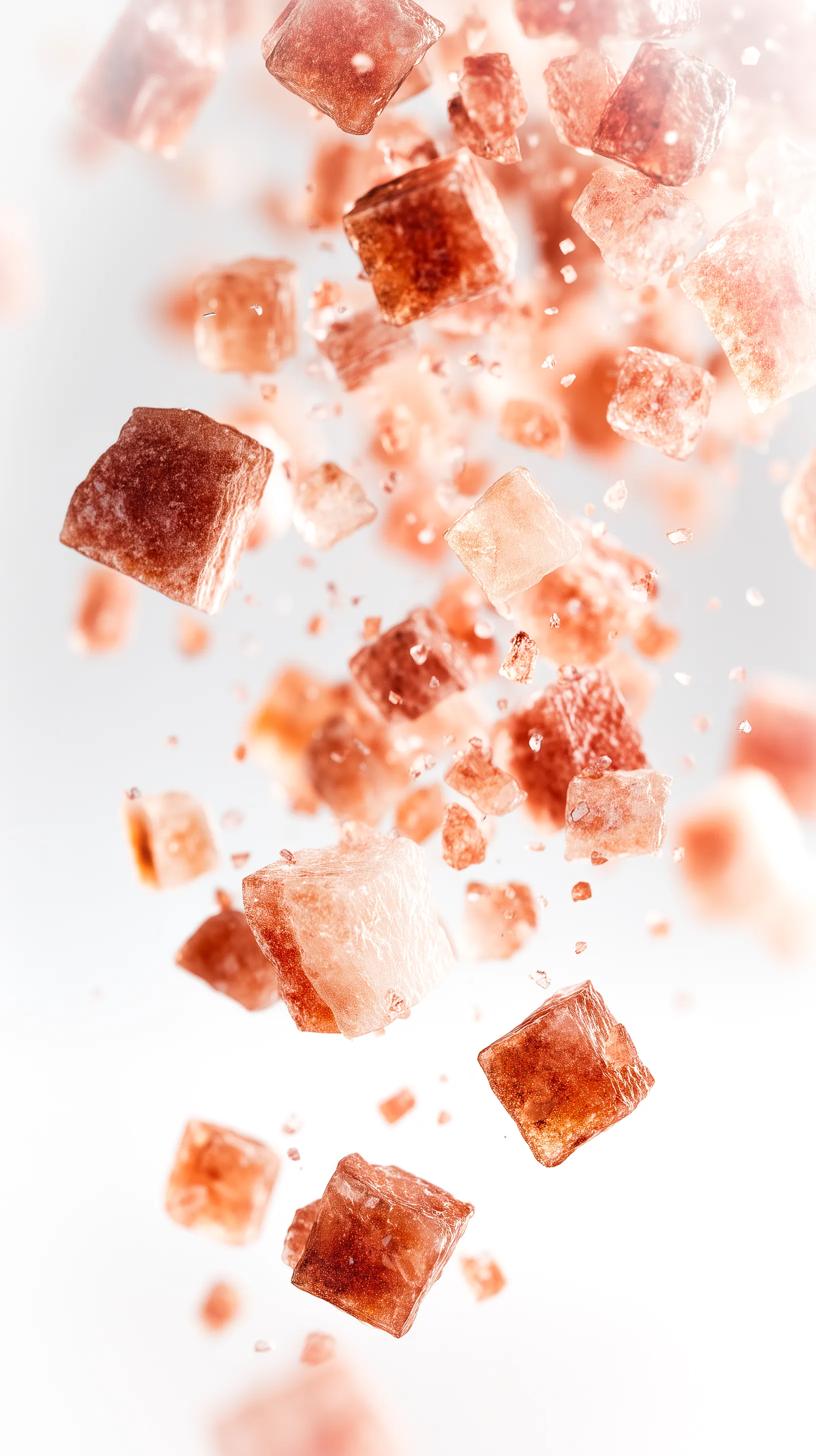 Close-up of irregular brown sugar crystals floating against a bright white background.