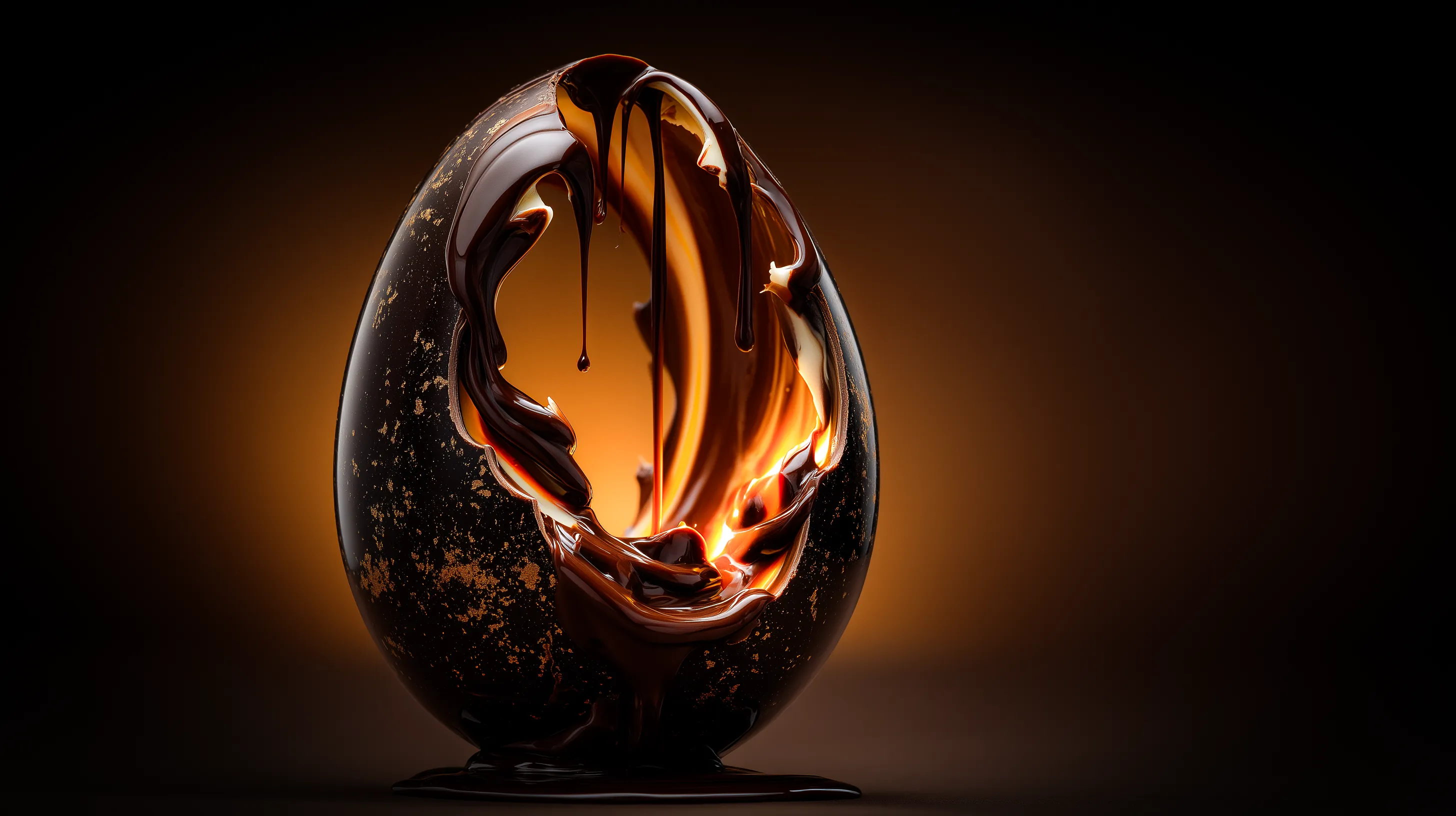 Glossy dark chocolate egg with melted chocolate dripping inside and pooling at the base against a warm glowing background.