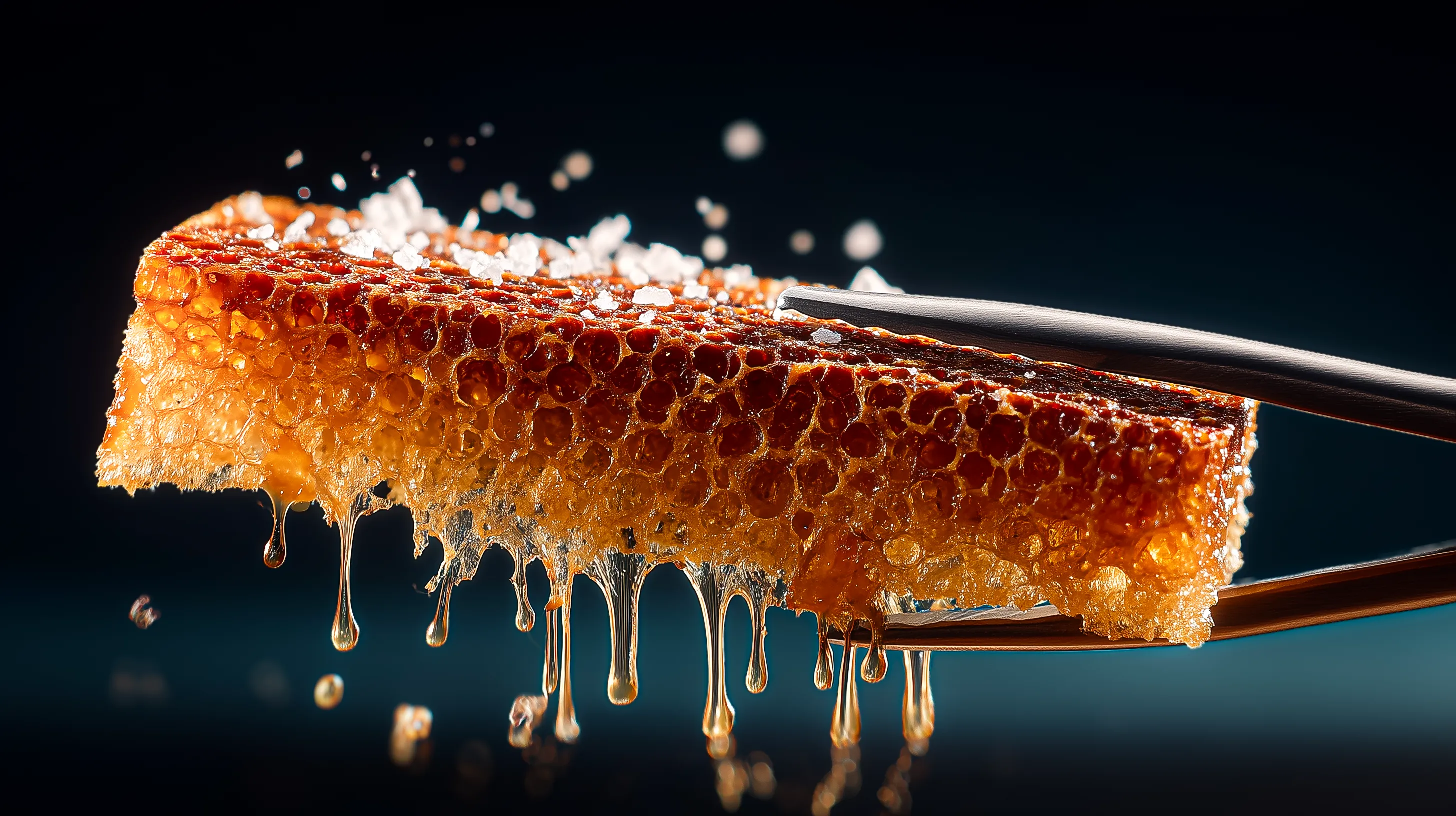 Close-up of dripping honeycomb held by chopsticks with honey droplets falling.