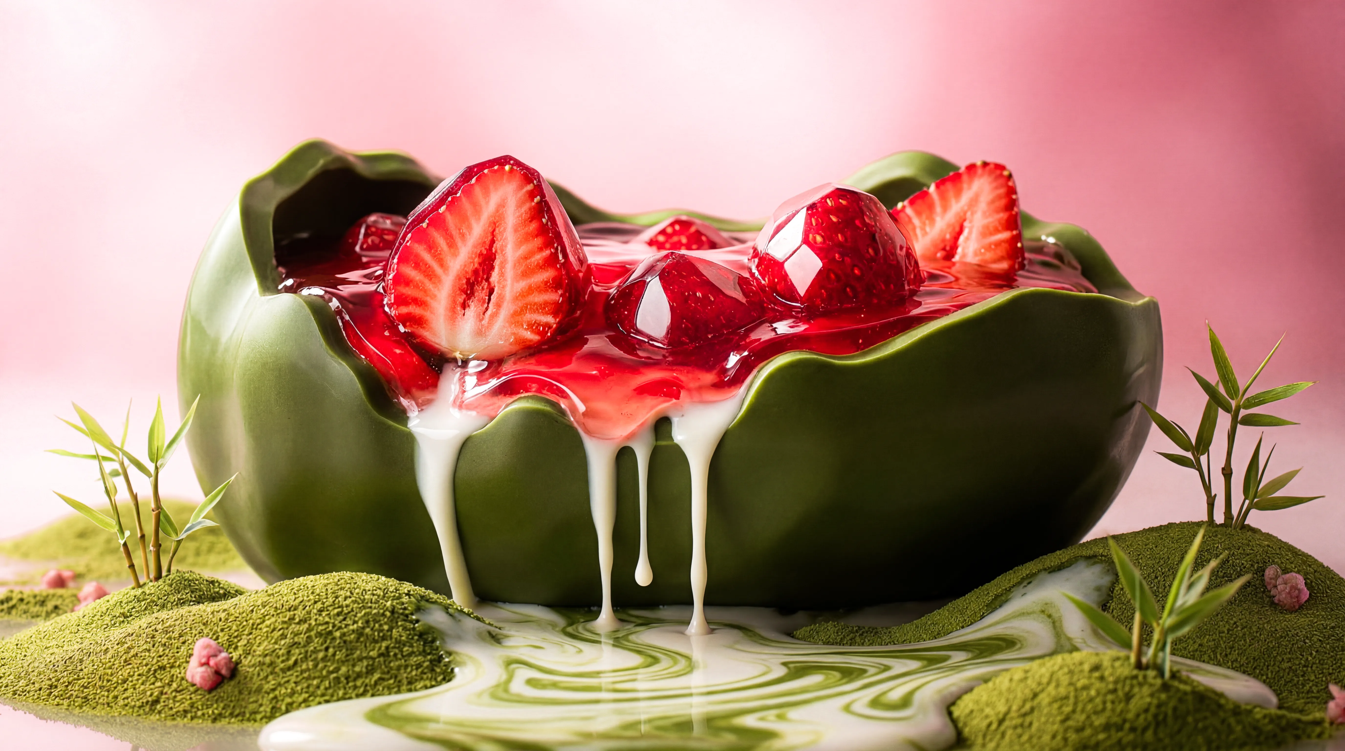 Green bowl with strawberries and red gelatin topped with dripping white cream on a green powdery surface with small plants.