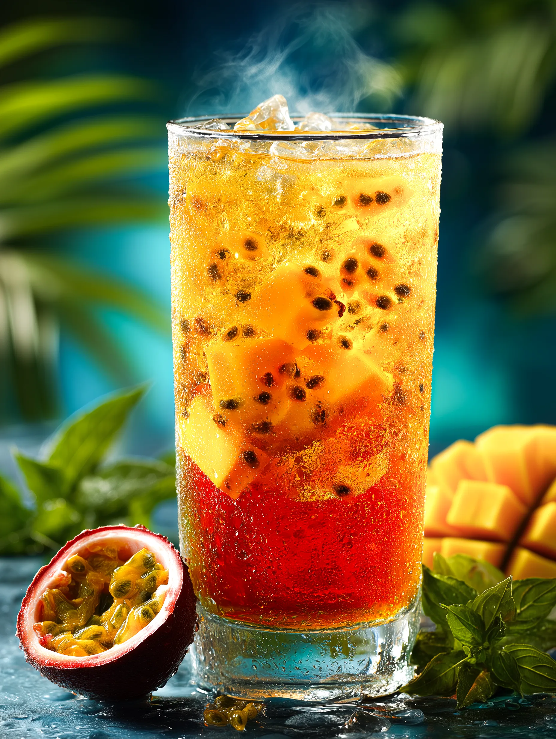 Tall glass of iced passion fruit and mango drink with passion fruit seeds and fresh fruit on a table.