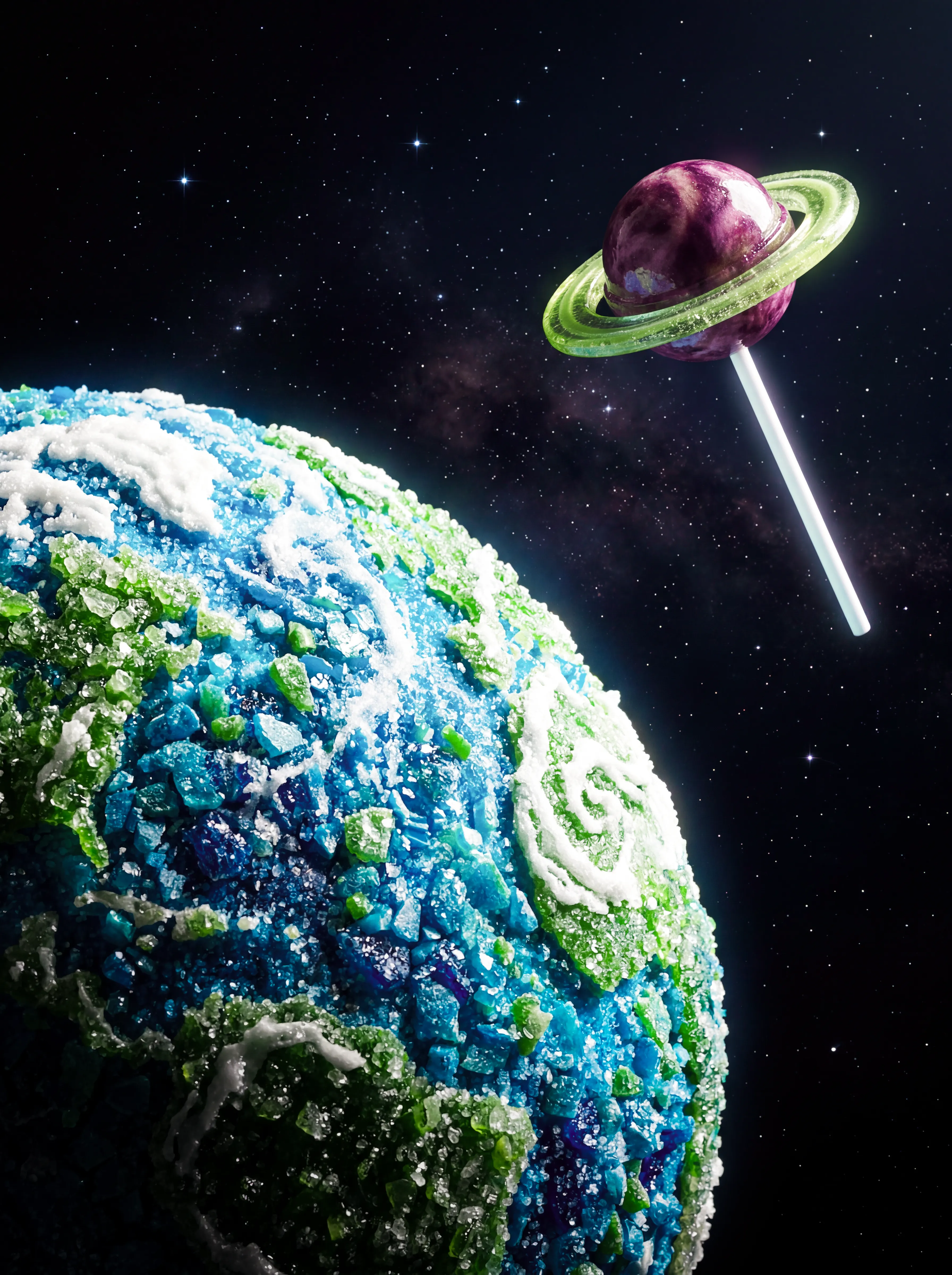 Candy art depiction of a planet Earth made of blue, green, and white sugar crystals with a purple lollipop resembling a ringed planet floating nearby in space.