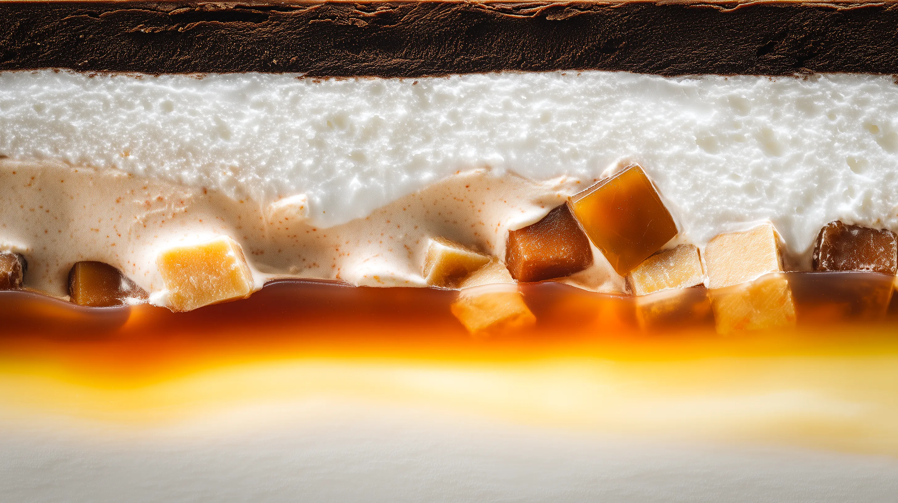 Close-up of layered dessert with white cream, caramel sauce, and small caramelized cubes.