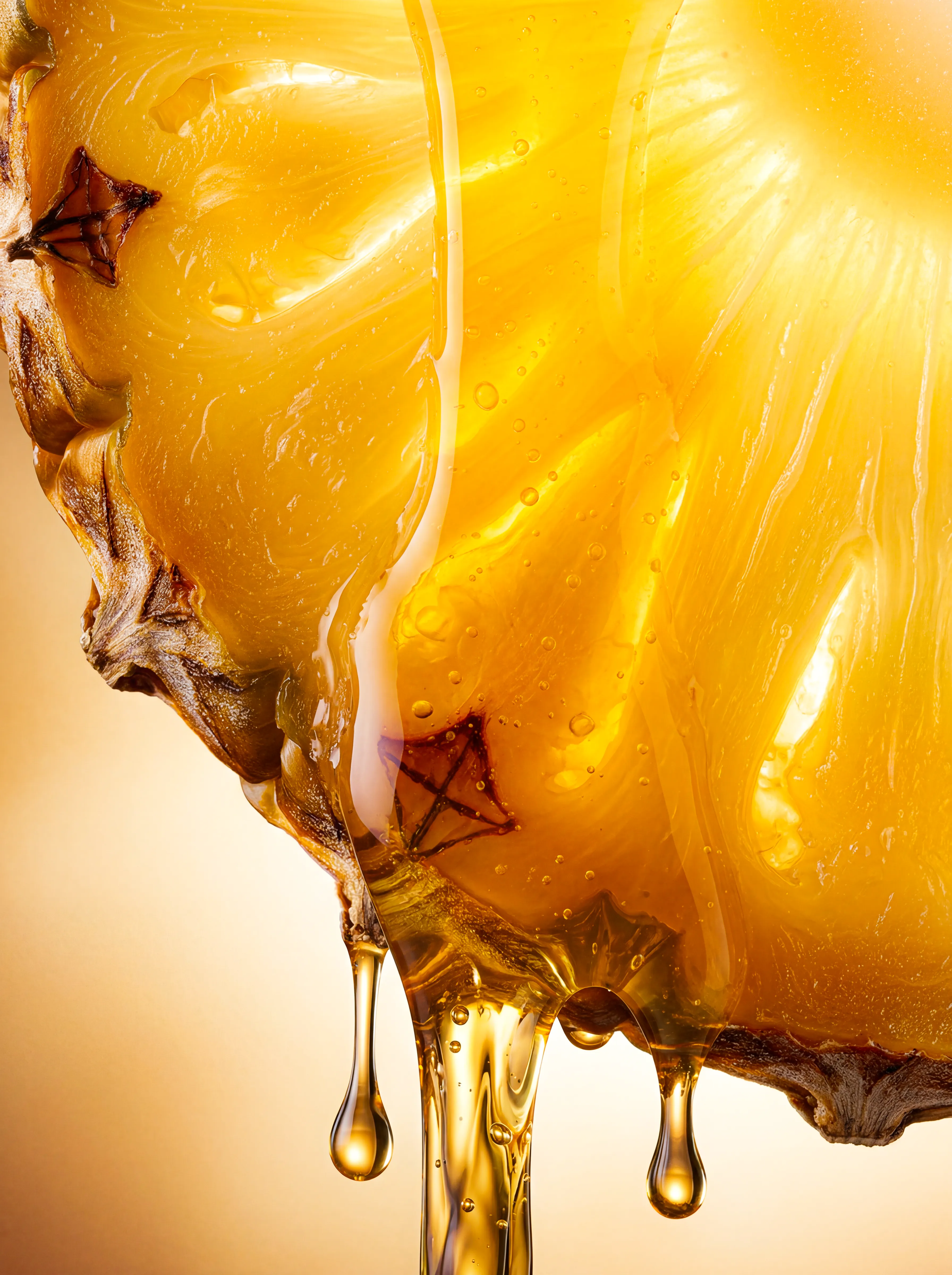 Close-up of a pineapple slice with golden juice dripping down.