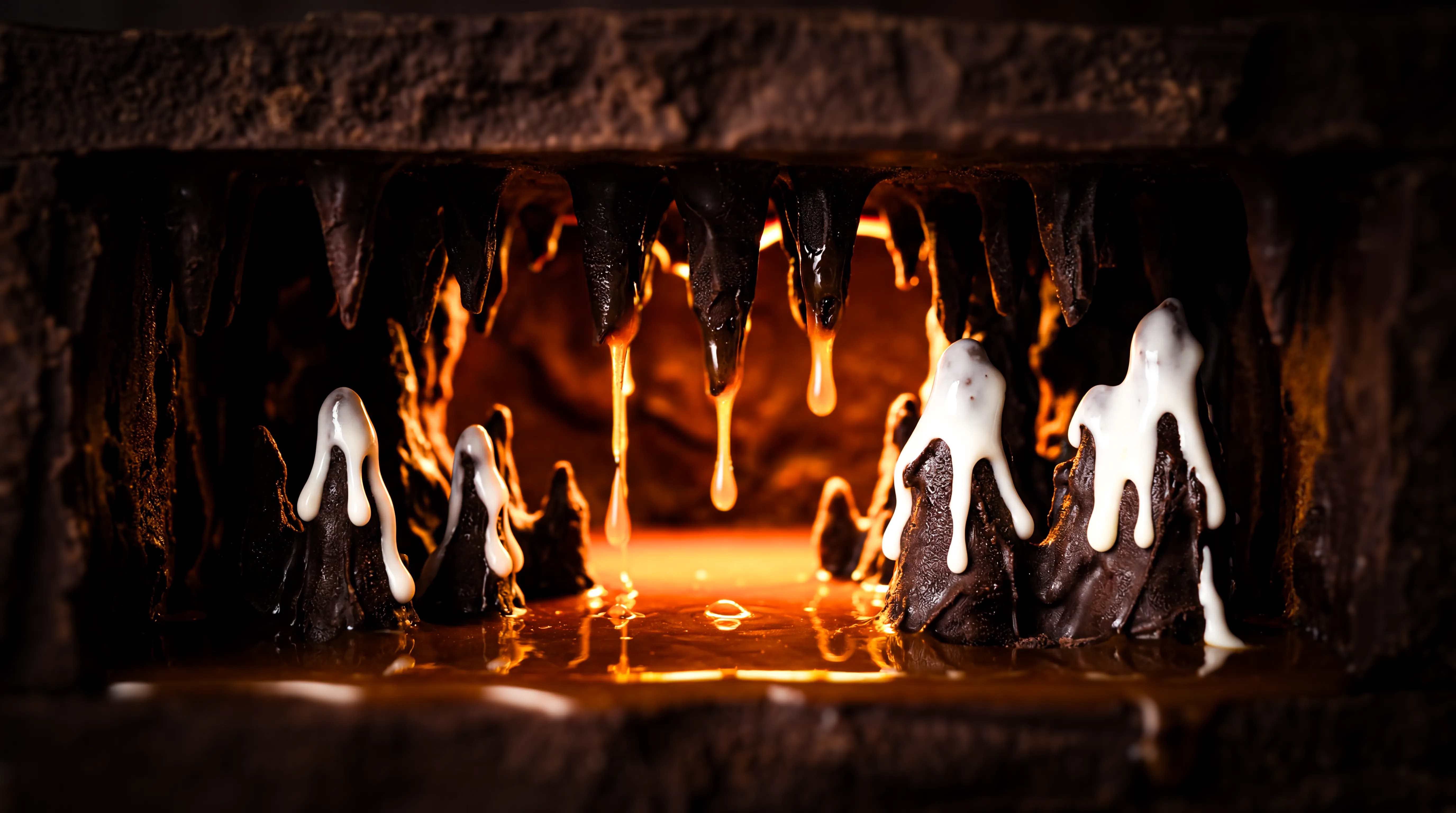 Close-up of a dark cave-like formation with dripping stalactites and stalagmites covered in white mineral deposits, illuminated by warm light.