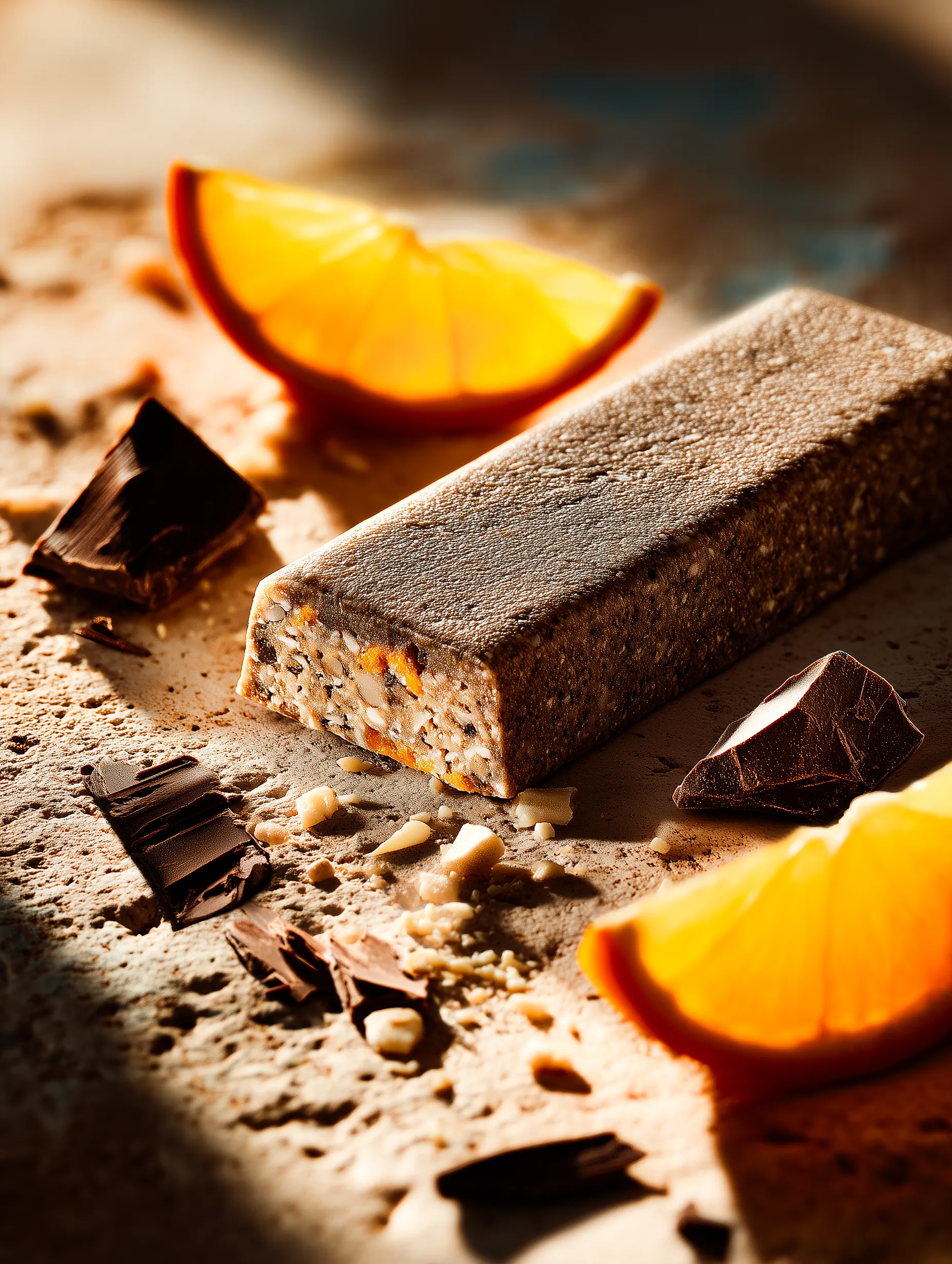 Close-up of a nut and chocolate protein bar with orange slices and chocolate chunks on a textured surface.