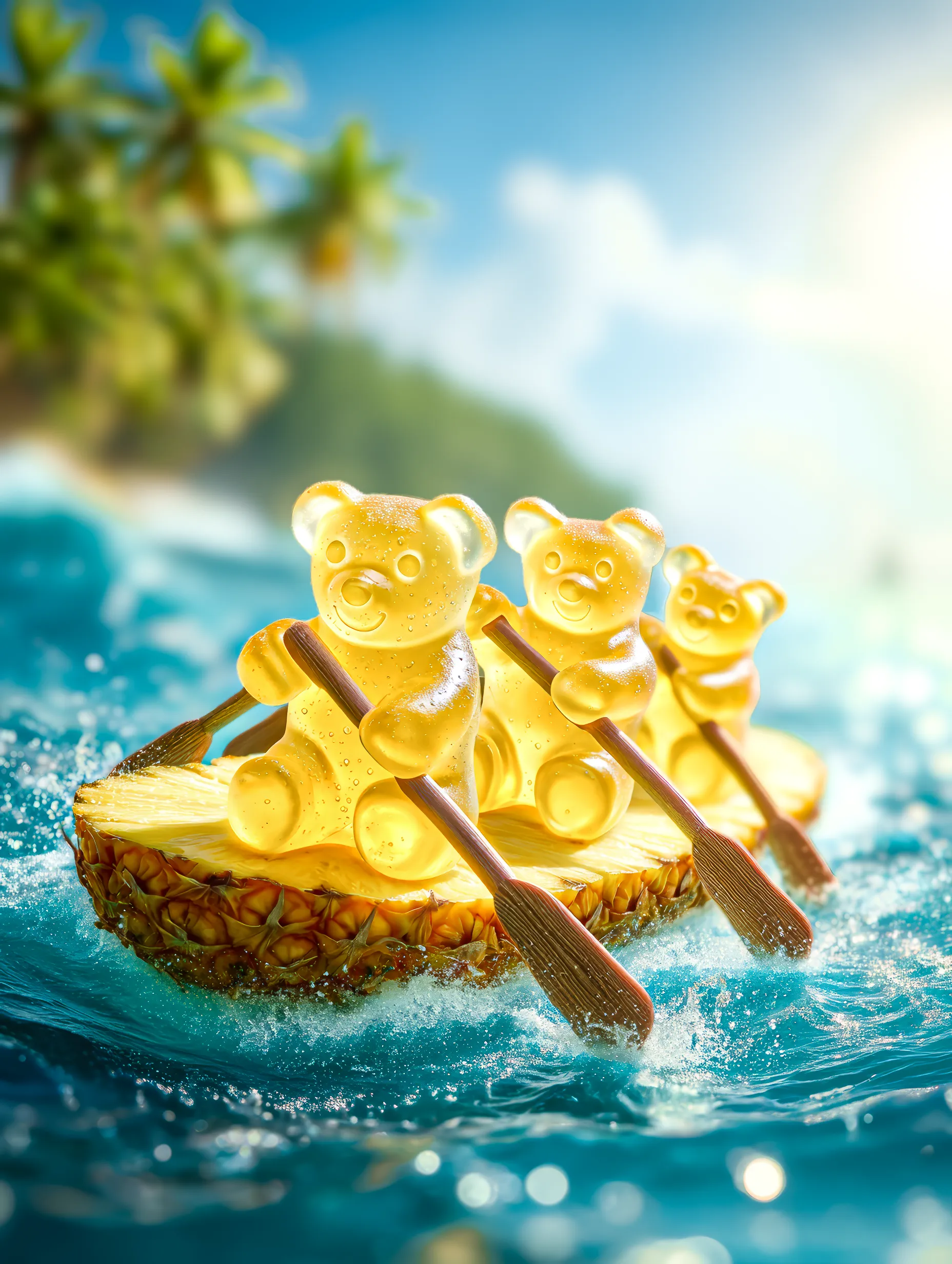 Three gummy bears rowing on a sliced pineapple floating on blue water with a tropical background.