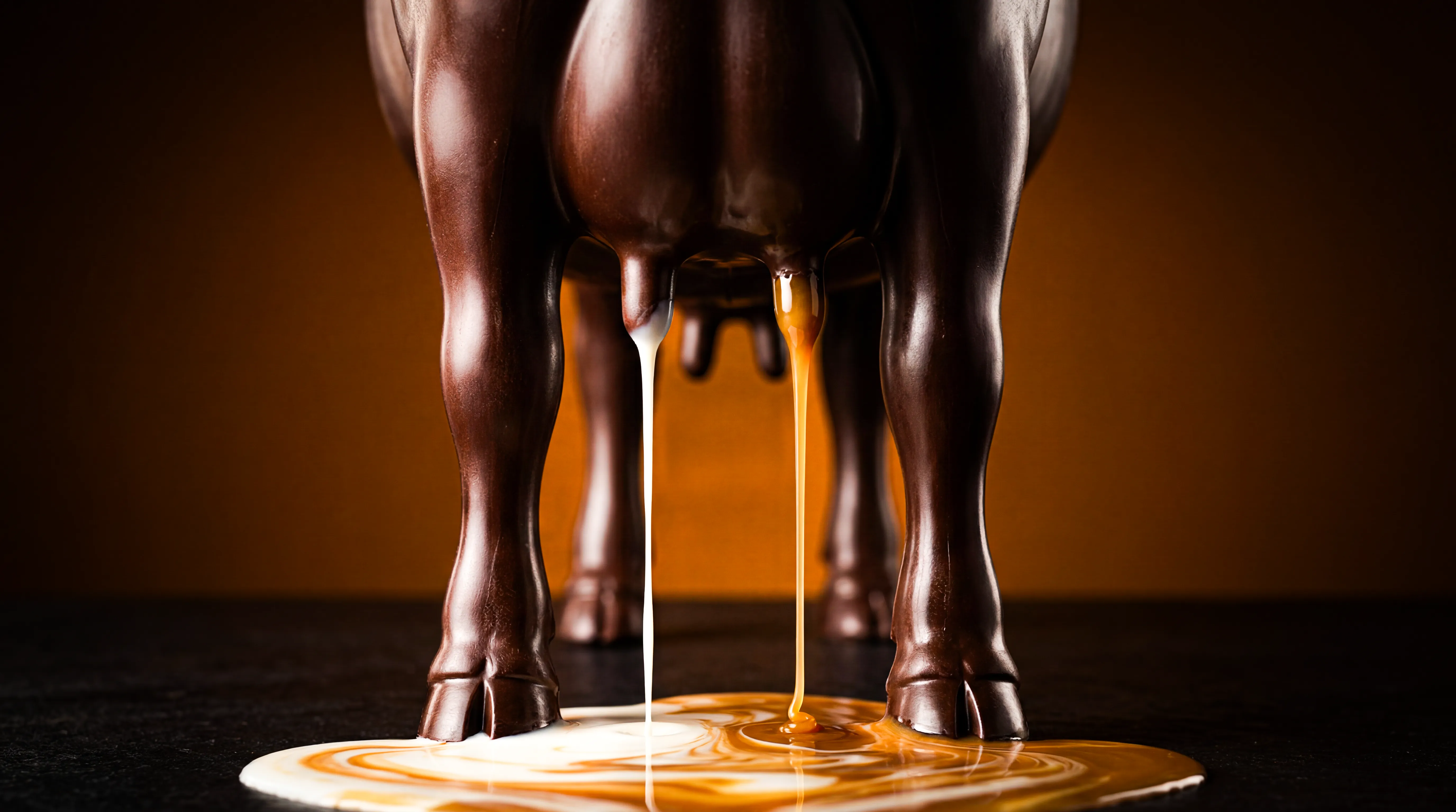 Chocolate sculpture of a cow dripping white and caramel-colored liquid resembling milk onto a dark surface.