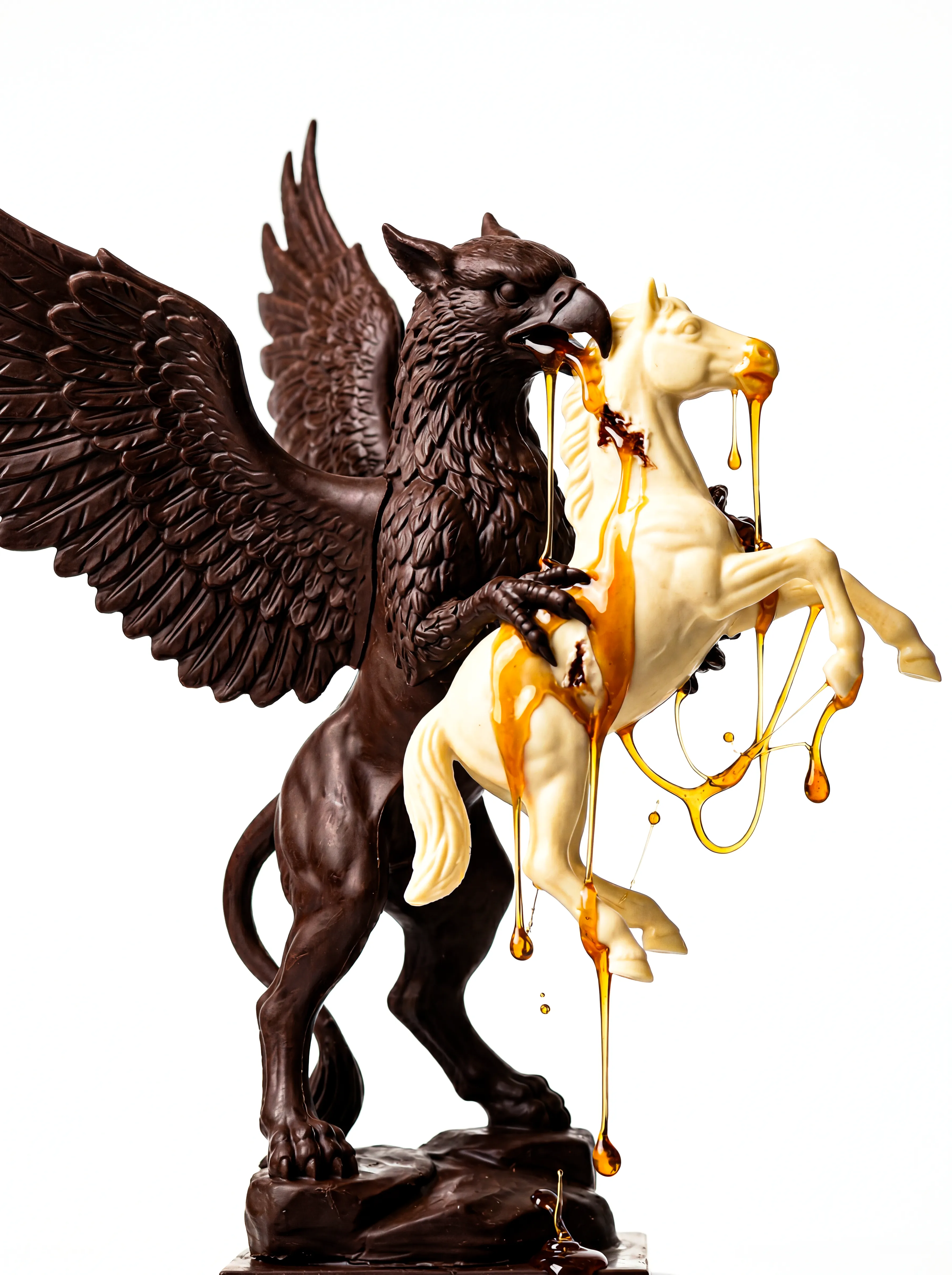 Chocolate sculpture of a winged griffin holding a rearing white horse dripping with caramel sauce.