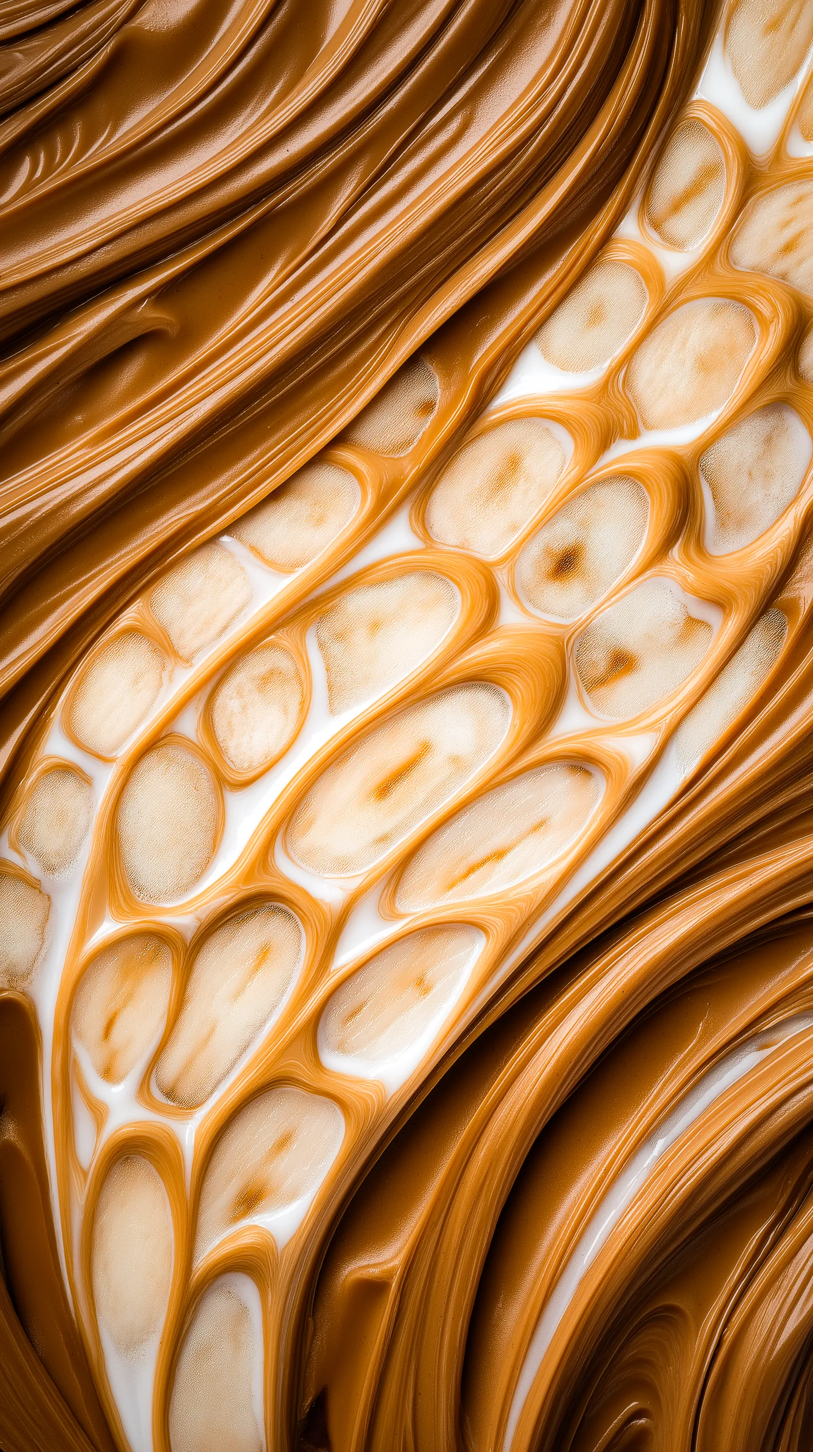 Close-up of smooth caramel swirls mixing with creamy white liquid creating a marbled texture.