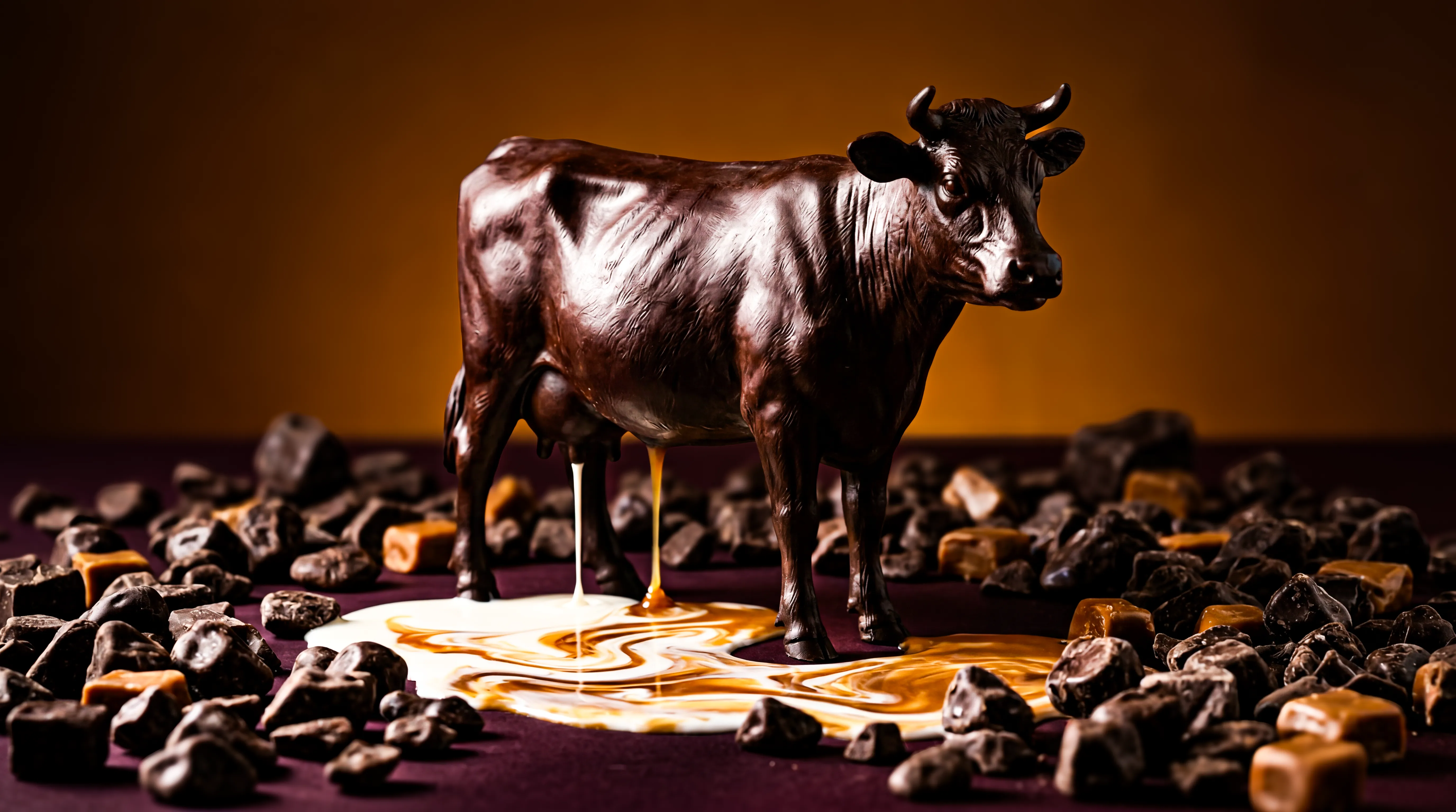 Chocolate sculpture of a cow with white and caramel syrup dripping from its udder, surrounded by pieces of chocolate and caramel on a purple surface.