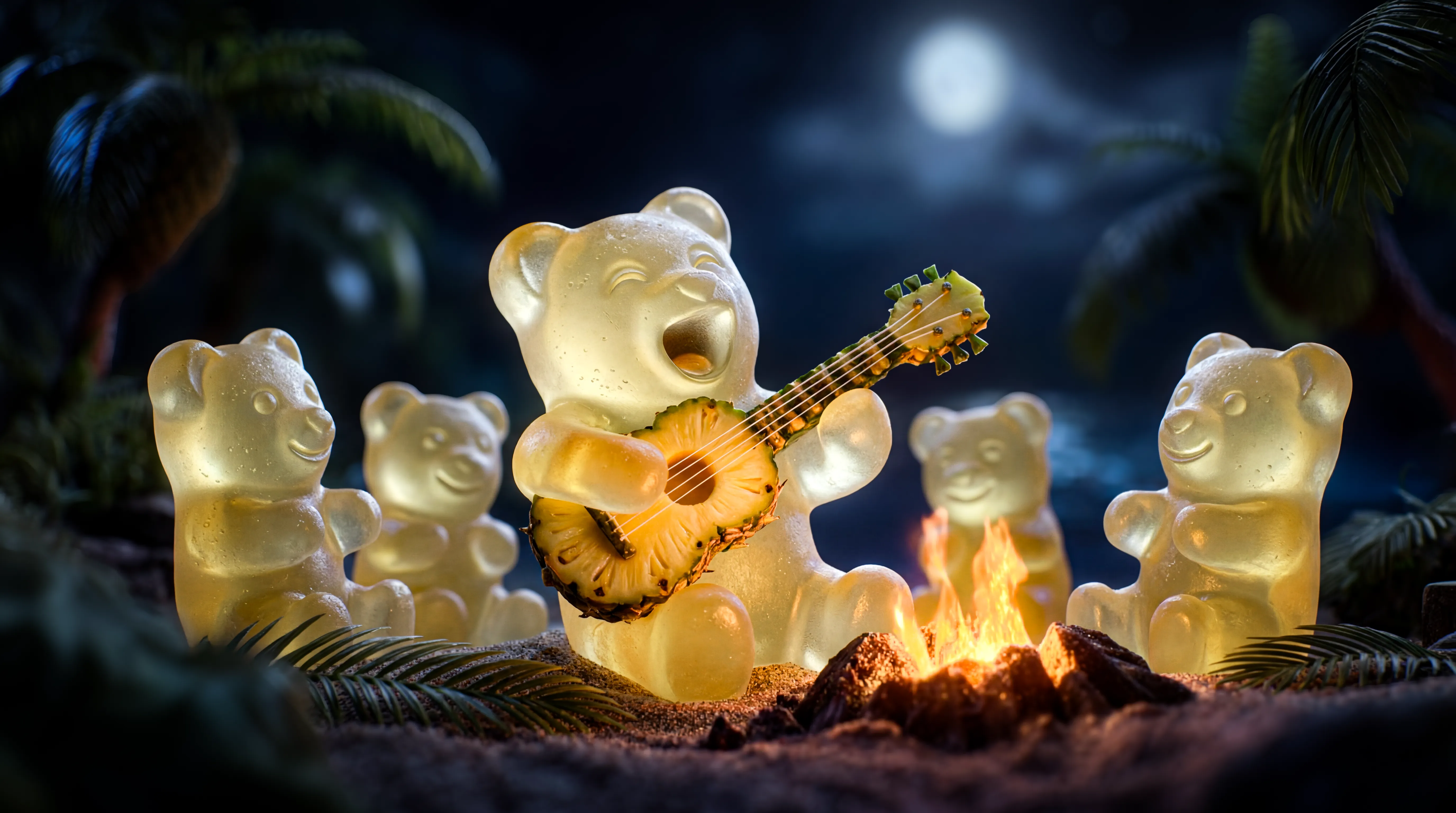 Five translucent gummy bears sitting around a campfire at night, one playing a guitar made of pineapple slices.