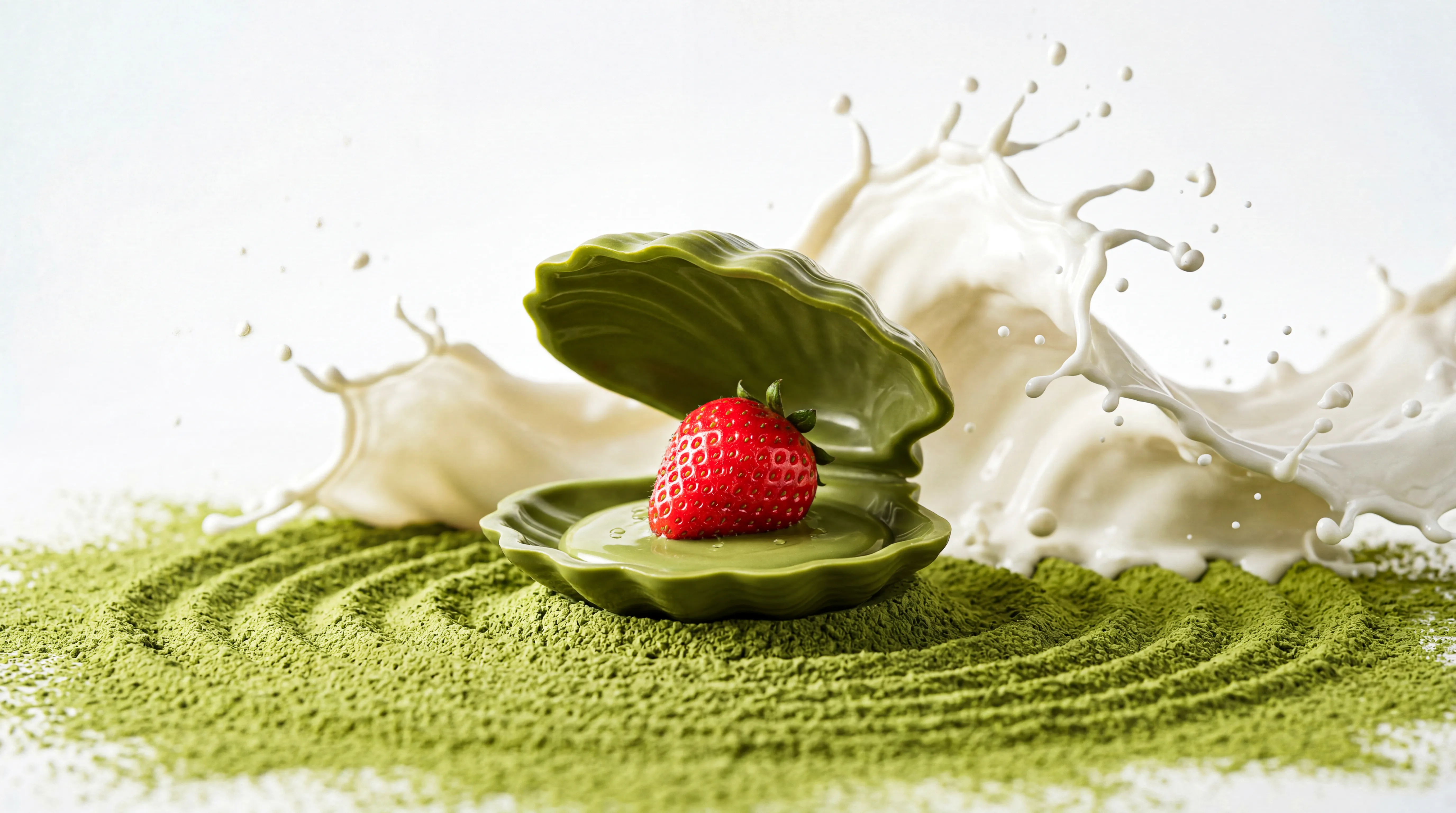 Red strawberry inside an open green ceramic clam shell on a bed of green matcha powder with a splash of white liquid in the background.