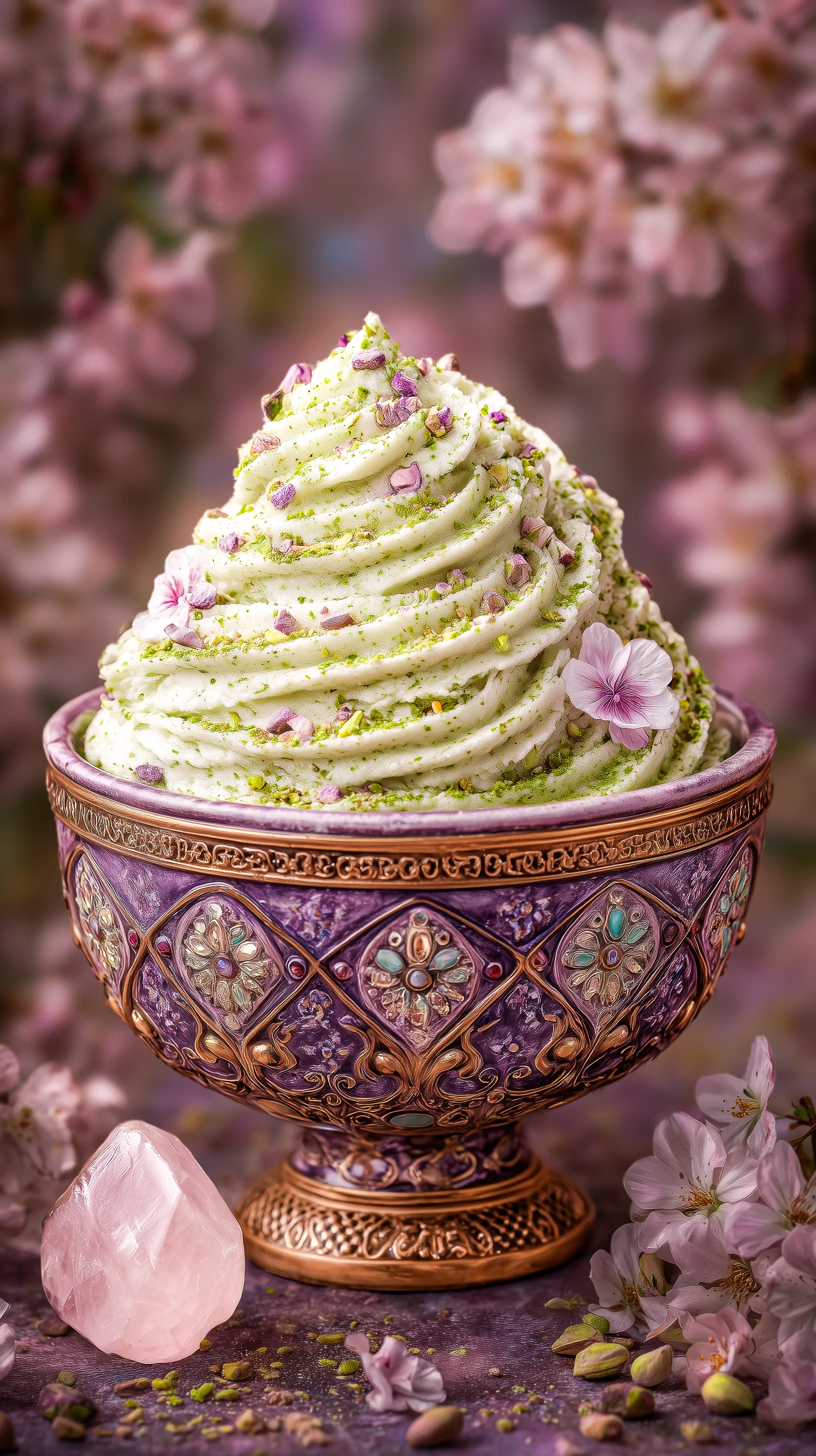 Swirled pistachio ice cream in an ornate purple and gold bowl with pink flower petals and a rose quartz crystal nearby.