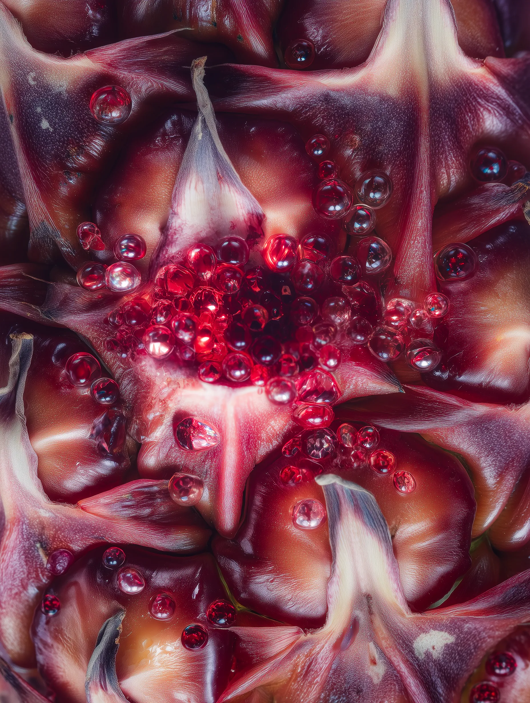 Close-up of wet, reddish-brown seed pods with translucent red water droplets on and around them.