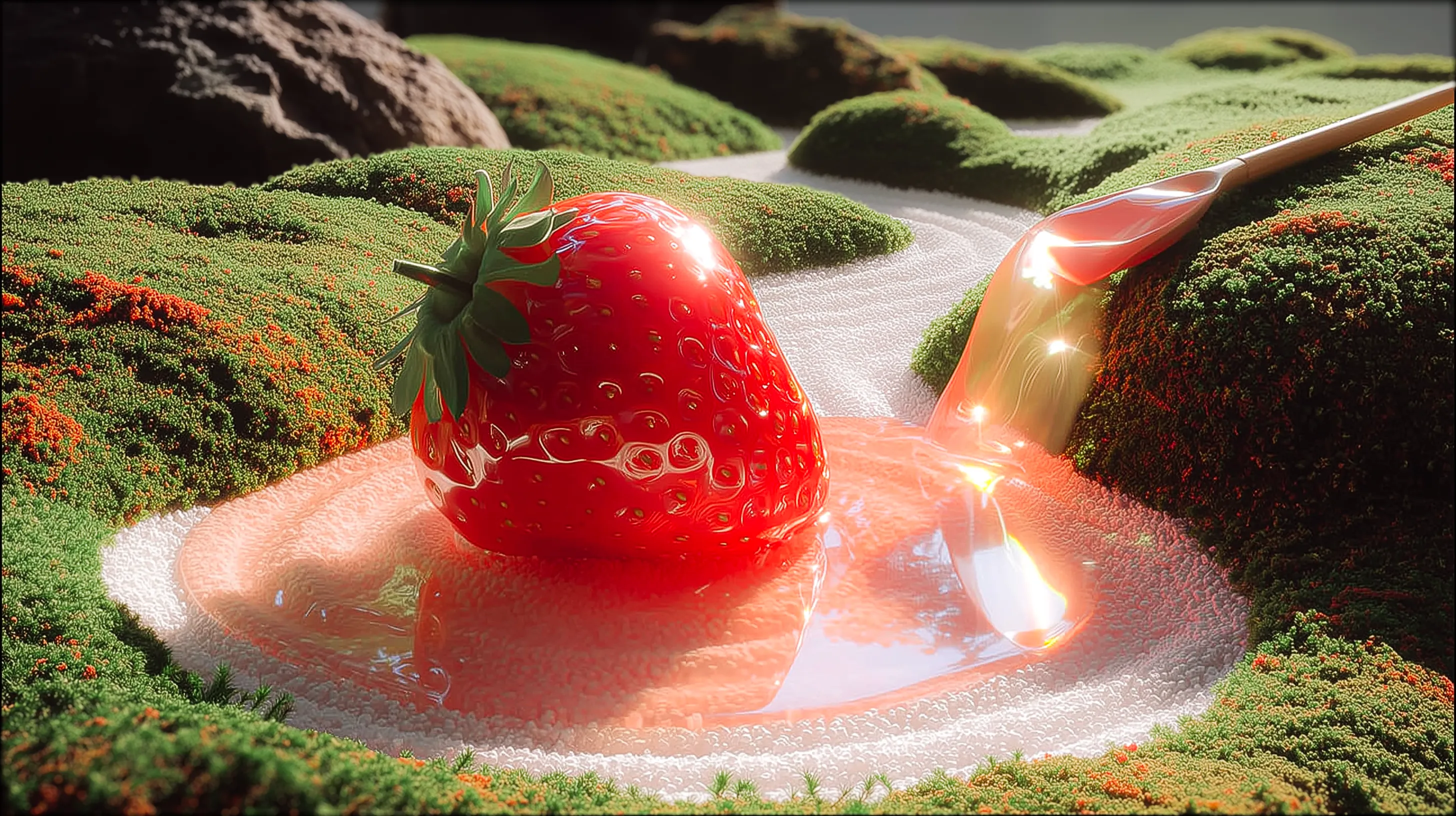 Close-up of a shiny red strawberry in a small circular pool of pink liquid, surrounded by moss-covered rocks and a metallic reflective spoon.