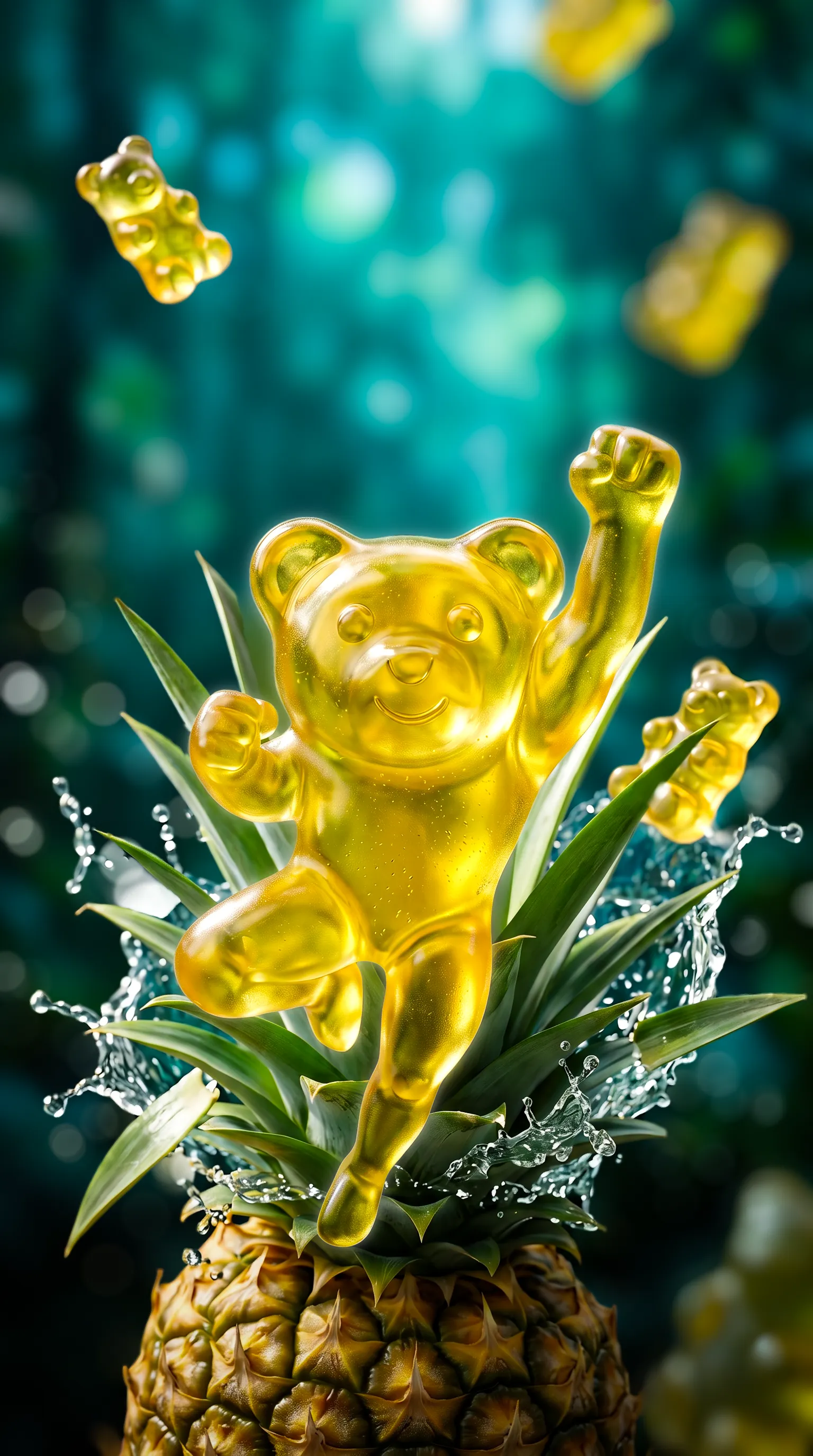 Large translucent yellow gummy bear figurine joyfully posed atop a pineapple with water splashing around, with smaller gummy bears floating in the background.