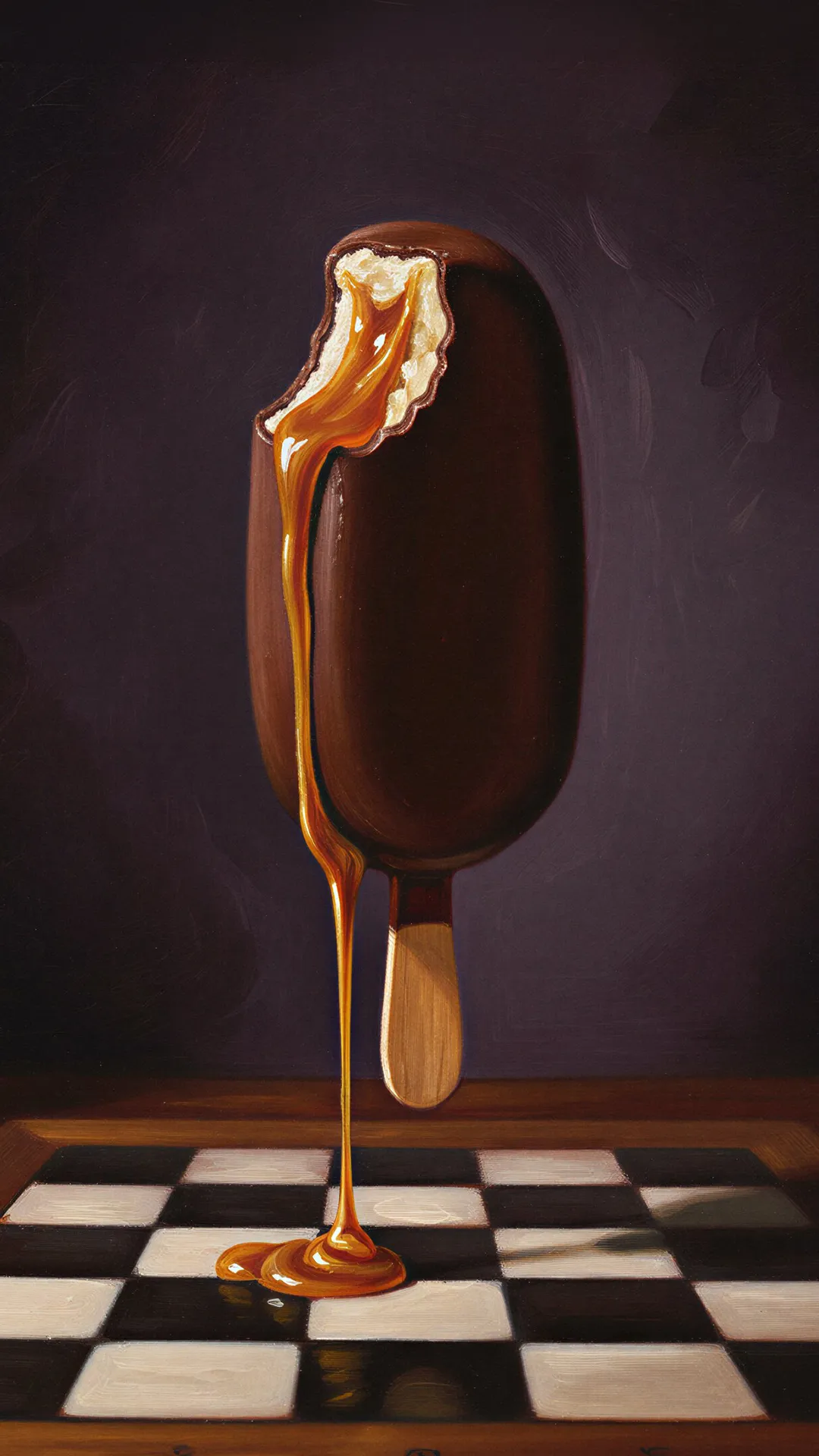 Chocolate-covered ice cream bar with a bite taken out, caramel dripping onto a black and white checkered surface.