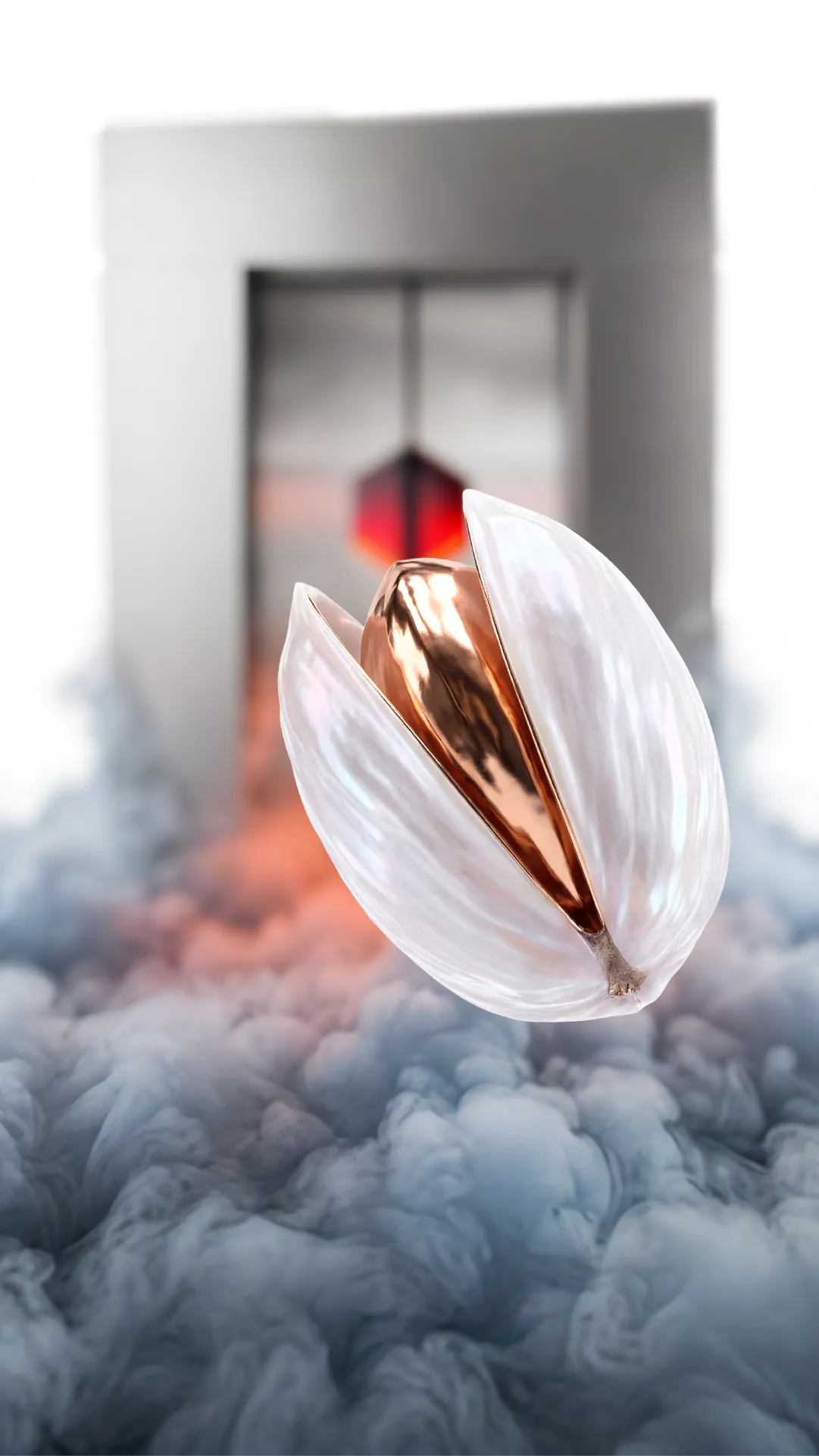 A translucent pistachio shell with a shiny copper nut inside floating above swirling smoke and a blurred geometric structure in the background.