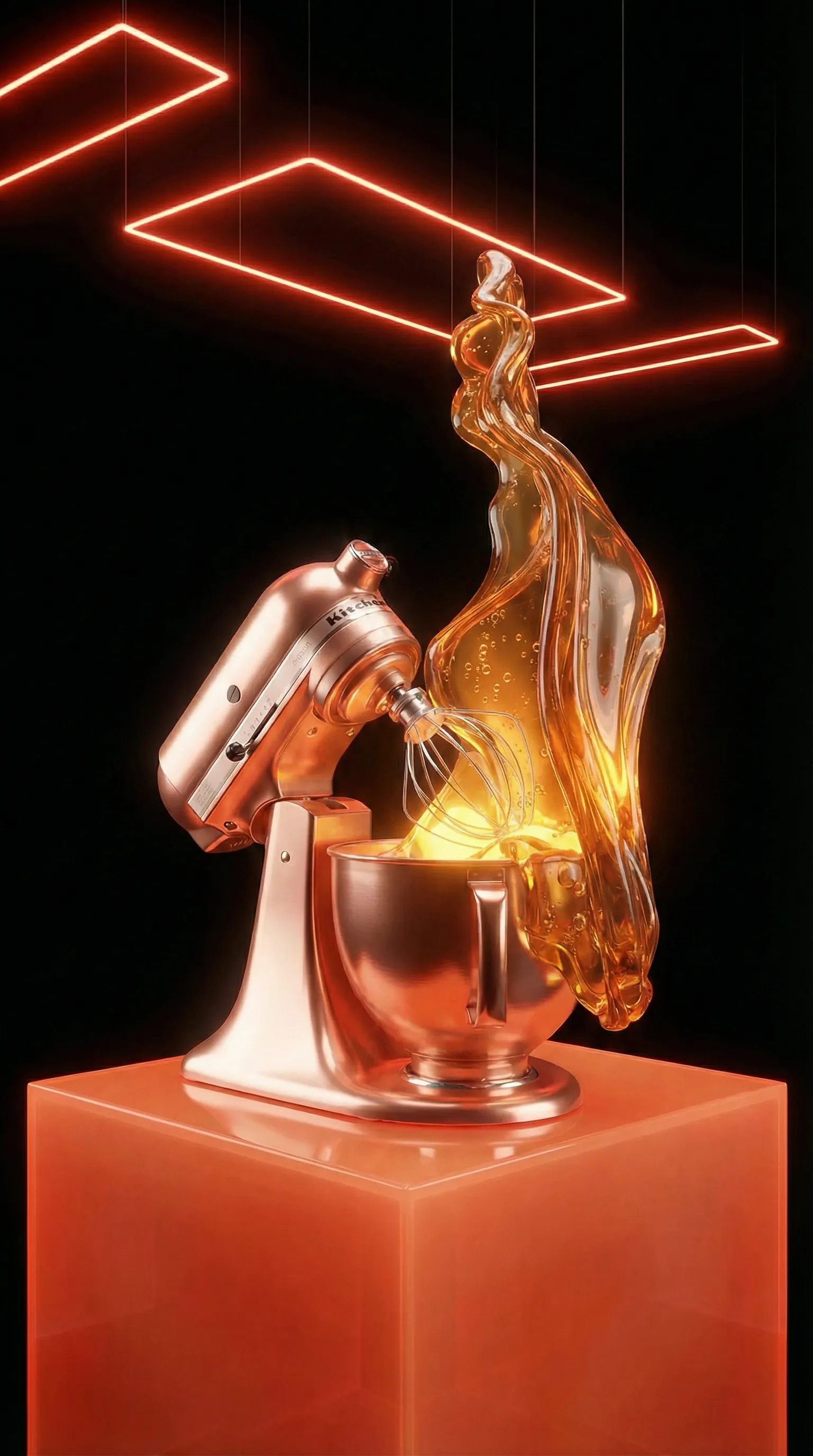 Copper-colored KitchenAid mixer on an orange pedestal with golden liquid splashing out in a dynamic swirl under neon rectangular lights.