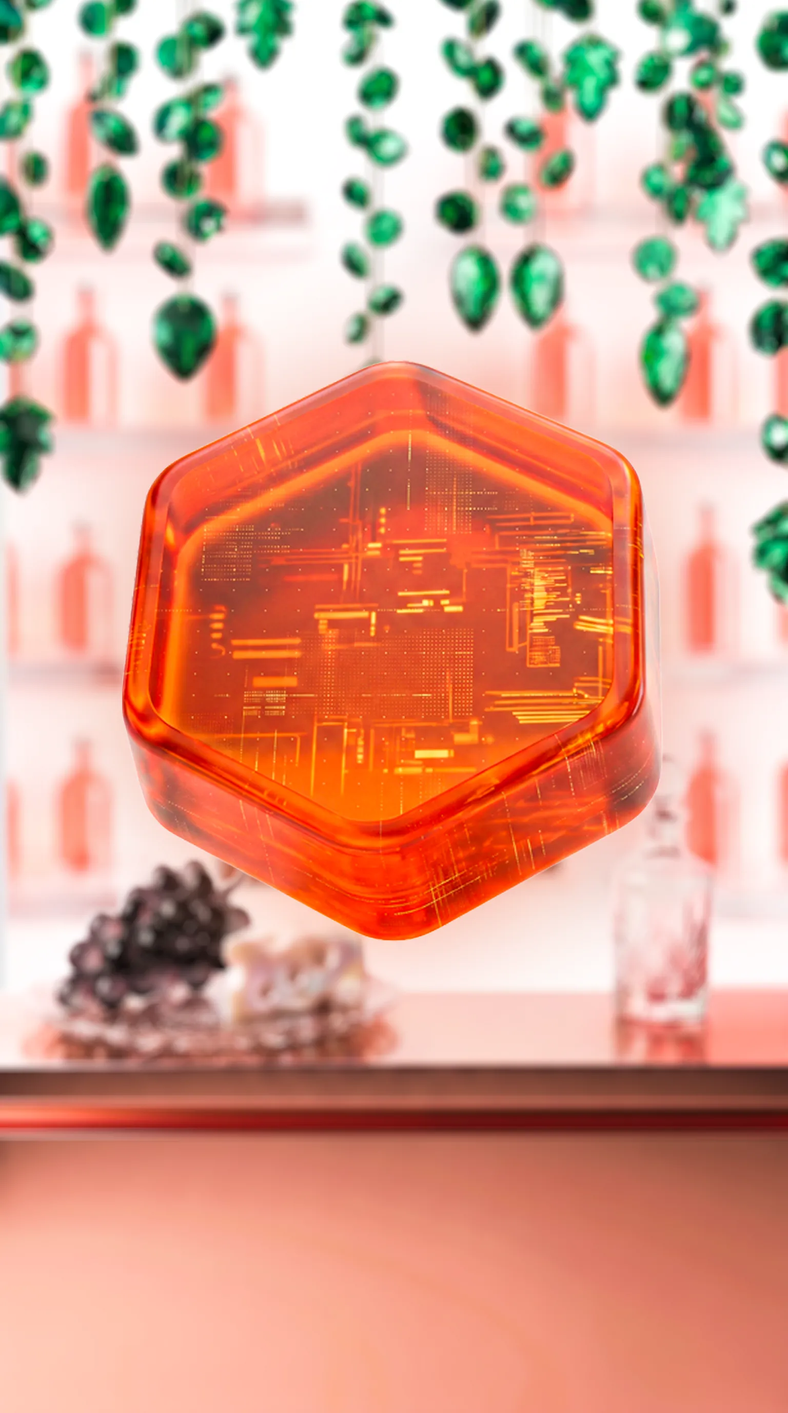 Close-up of a glowing orange hexagonal digital chip with circuit patterns, with green hanging leaves and a blurred background of shelves with bottles and a counter.